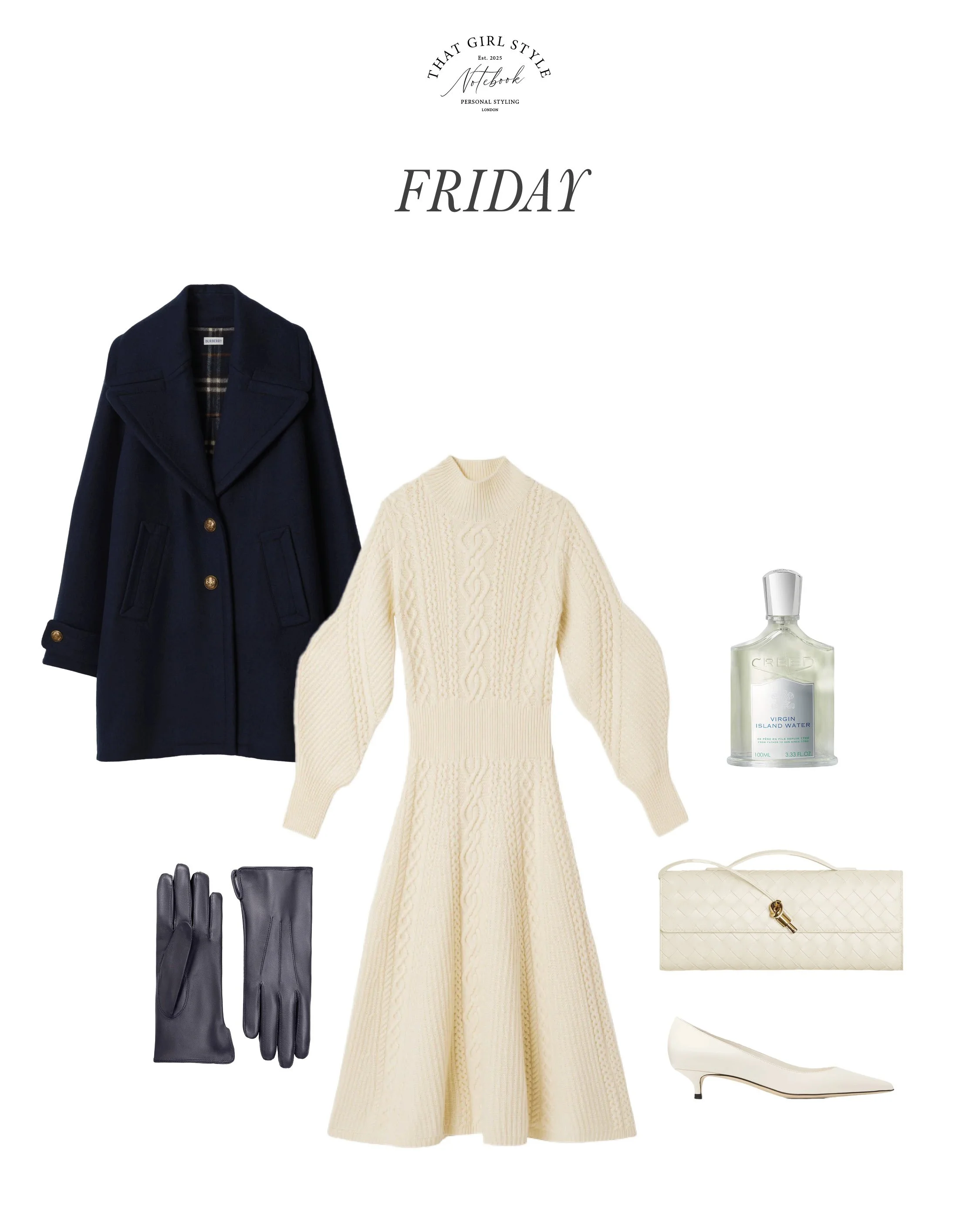 Coat Burberry, Dress Eric Bompard, Bag Bottega Veneta, Shoes Jimmy Choo, Gloves Cornelia James