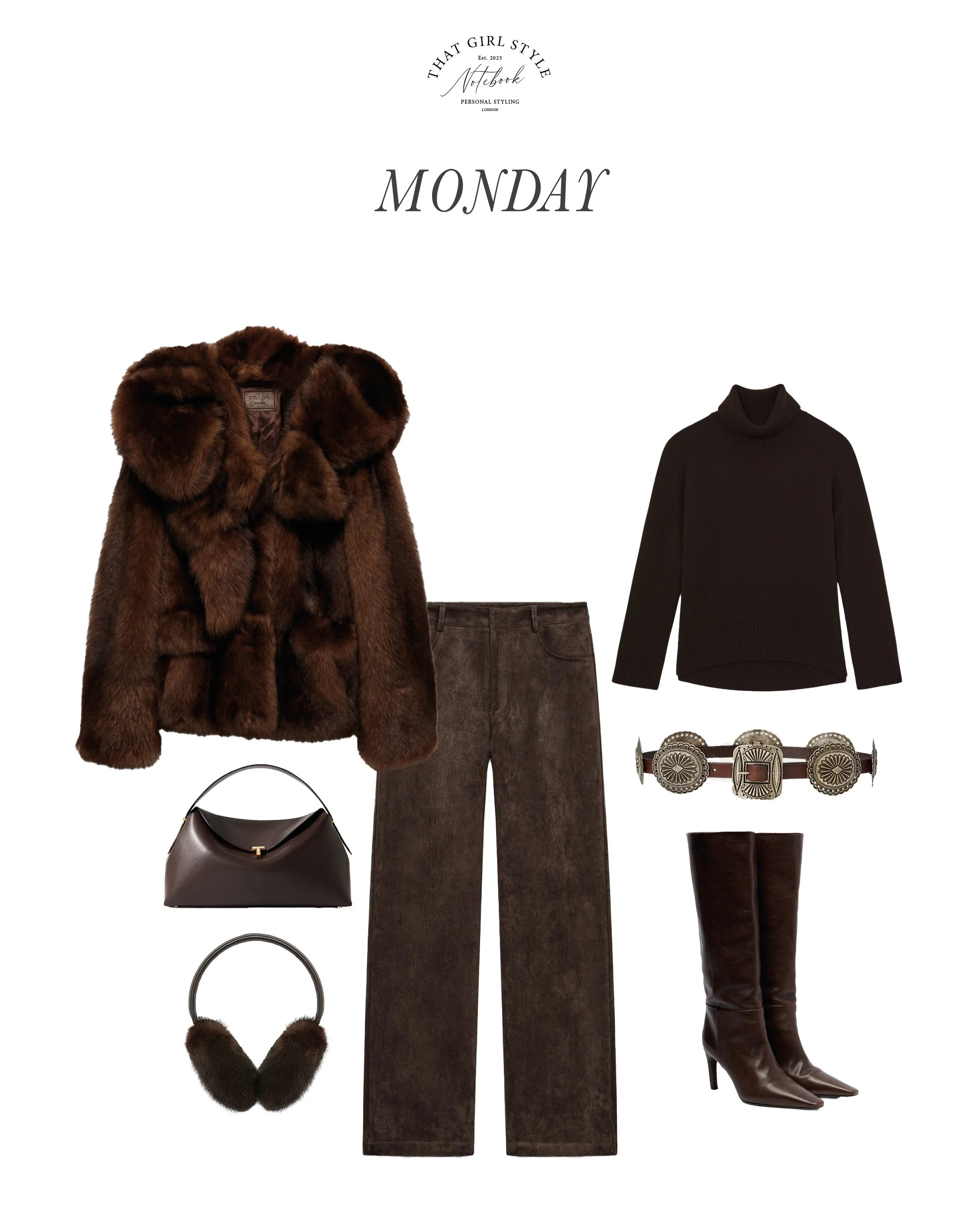 Coat Prada, Trousers Zara, Jumper Reiss, Bag Ralph Lauren, Boots Brunello Cucinelli, Belt Ralph Lauren, Earmuffs Yves Solomon