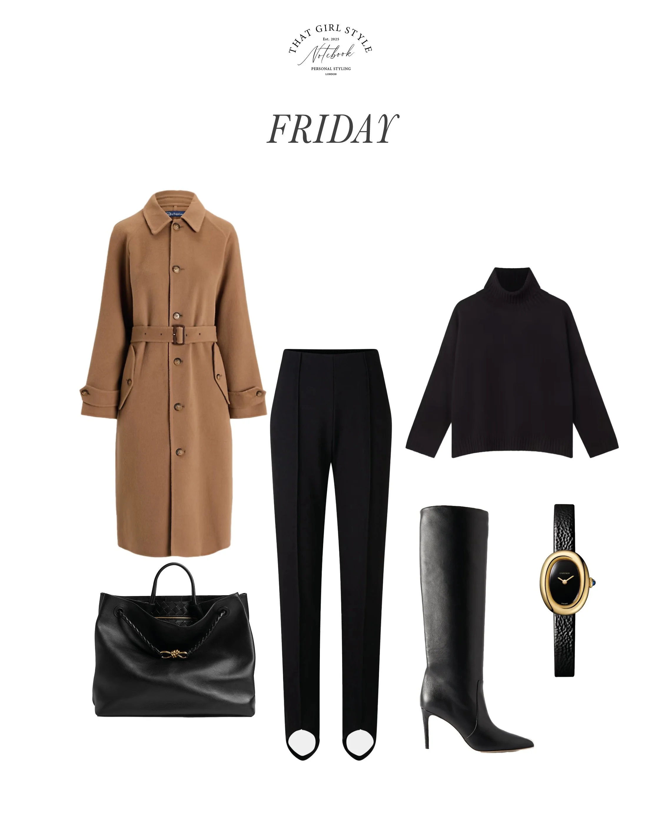 Coat Ralph Lauren, Trousers Bogner, Jumper Osprey, Bag Bottega Veneta, Boots Paris Texas, Watch Cartier