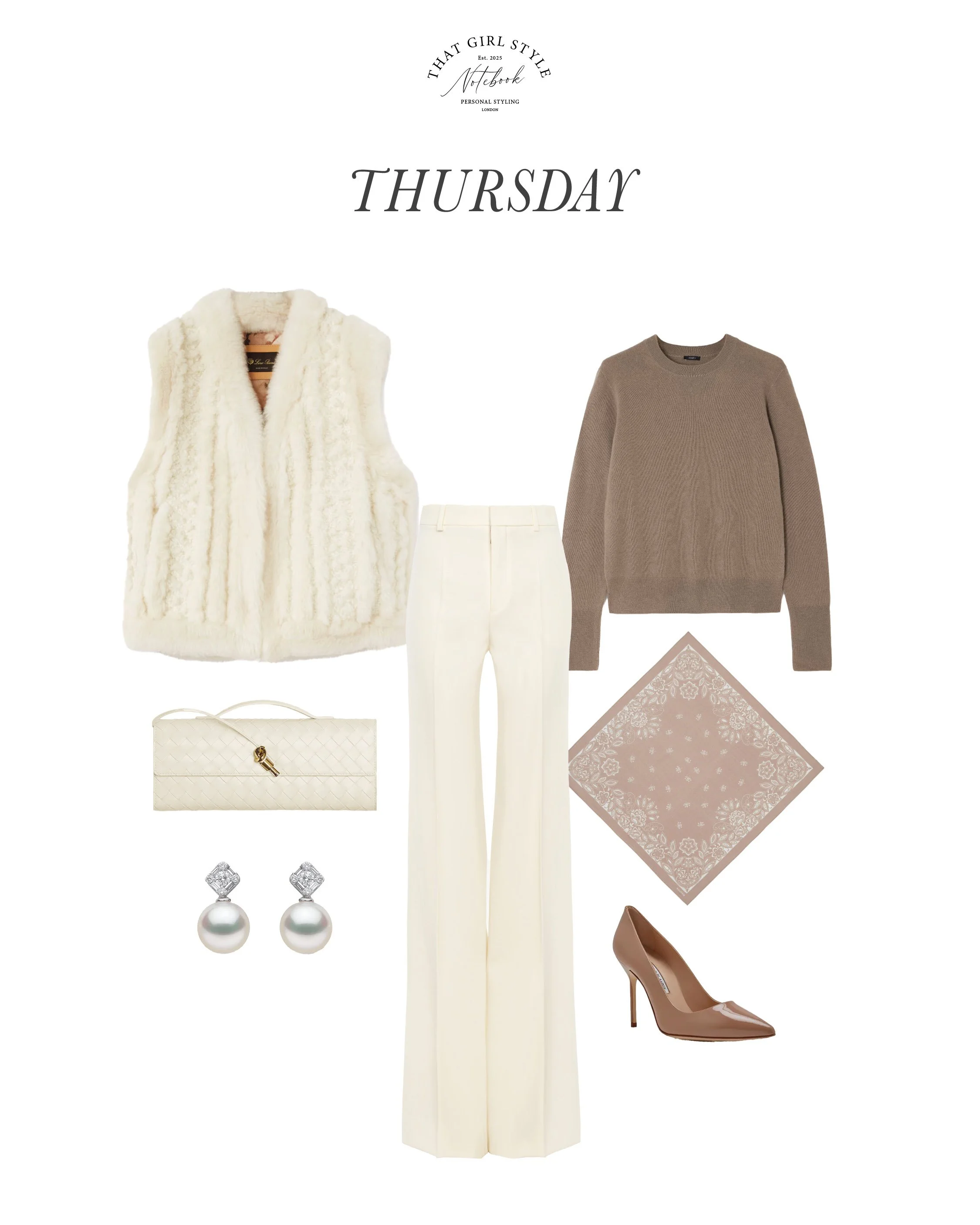 Coat Loro Piana, Trousers Chloé, Jumper Joseph, Bag Bottega Veneta, Heels Gianvito Rossi, Scarf Kujten