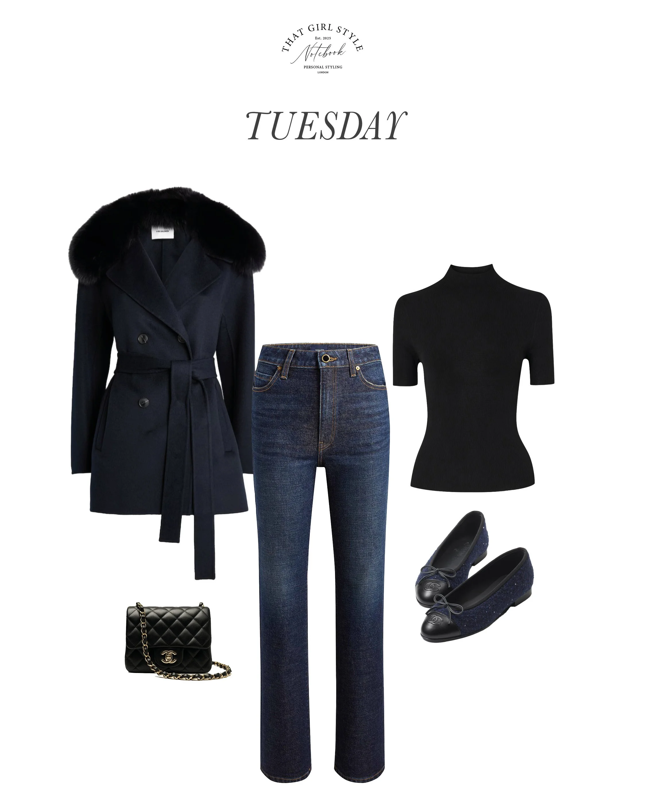 Coat Yves Salomon, Jean Khaite, Top Theory, Bag Chanel, Ballet Flats Chanel
