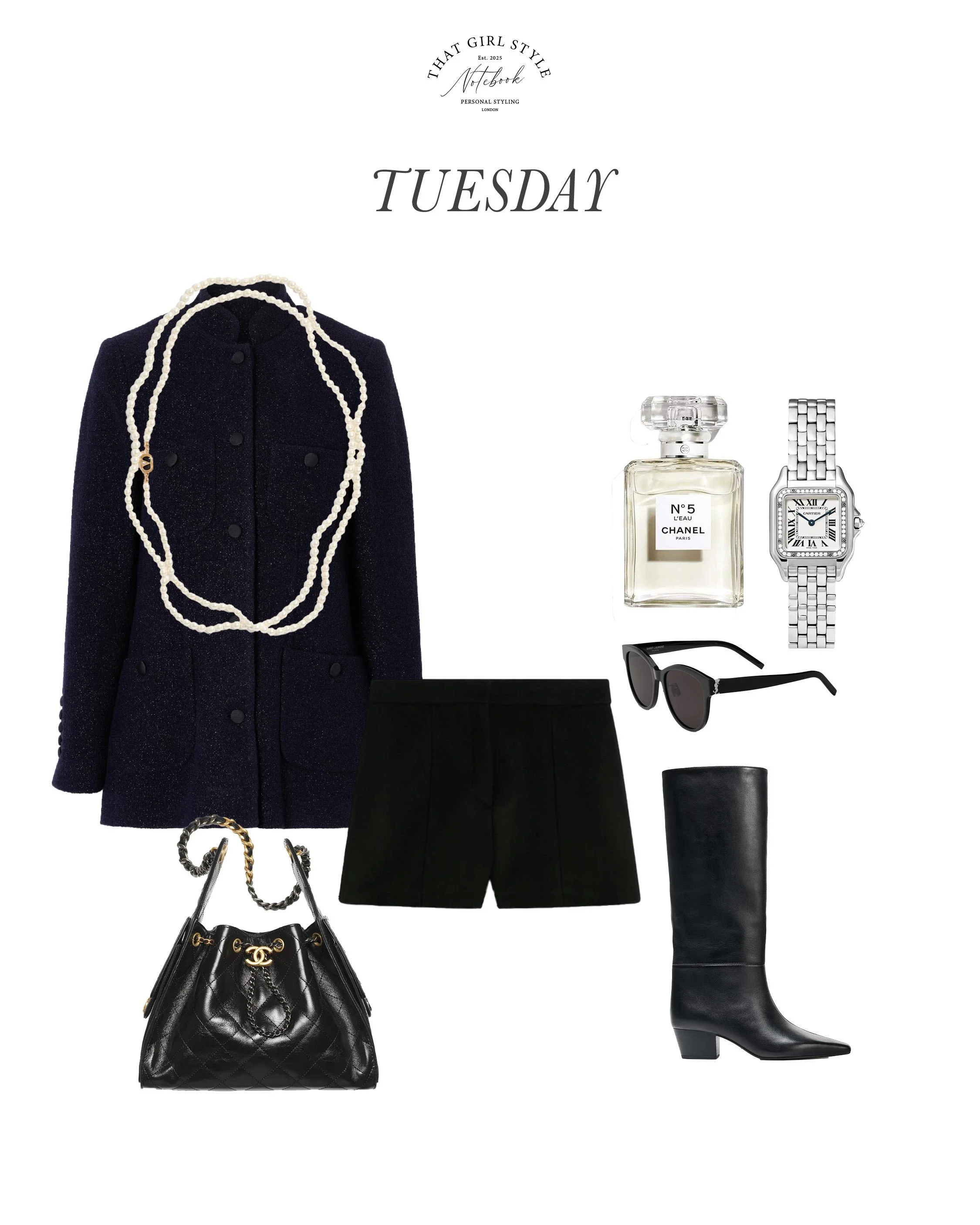 Coat Liberowe, Shorts Max Mara, Bag Chanel, Boots Zara, Necklace Valentino, Sunglasses Saint Laurent