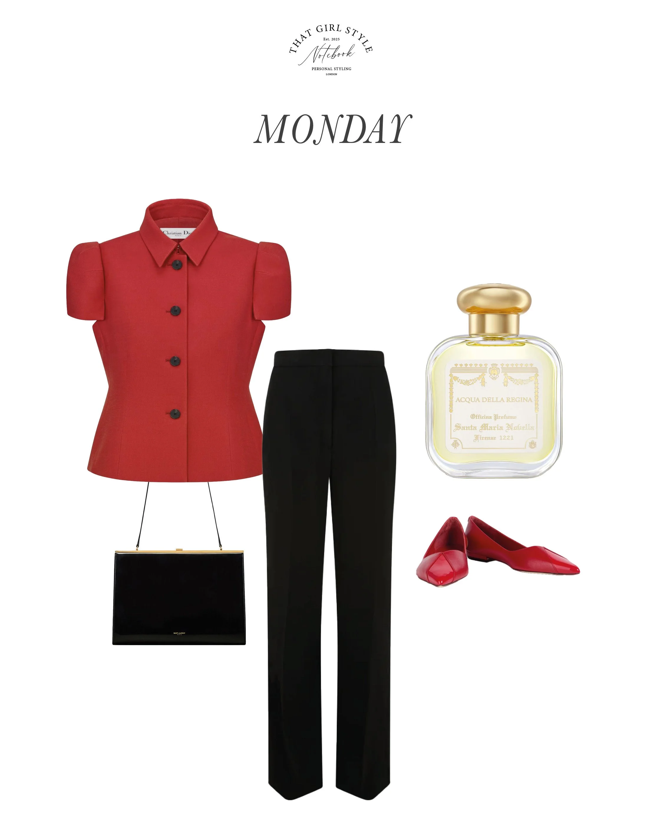 Top Christian Dior, Trousers Max Mara, Bag Saint Laurent, Shoes Tory Burch