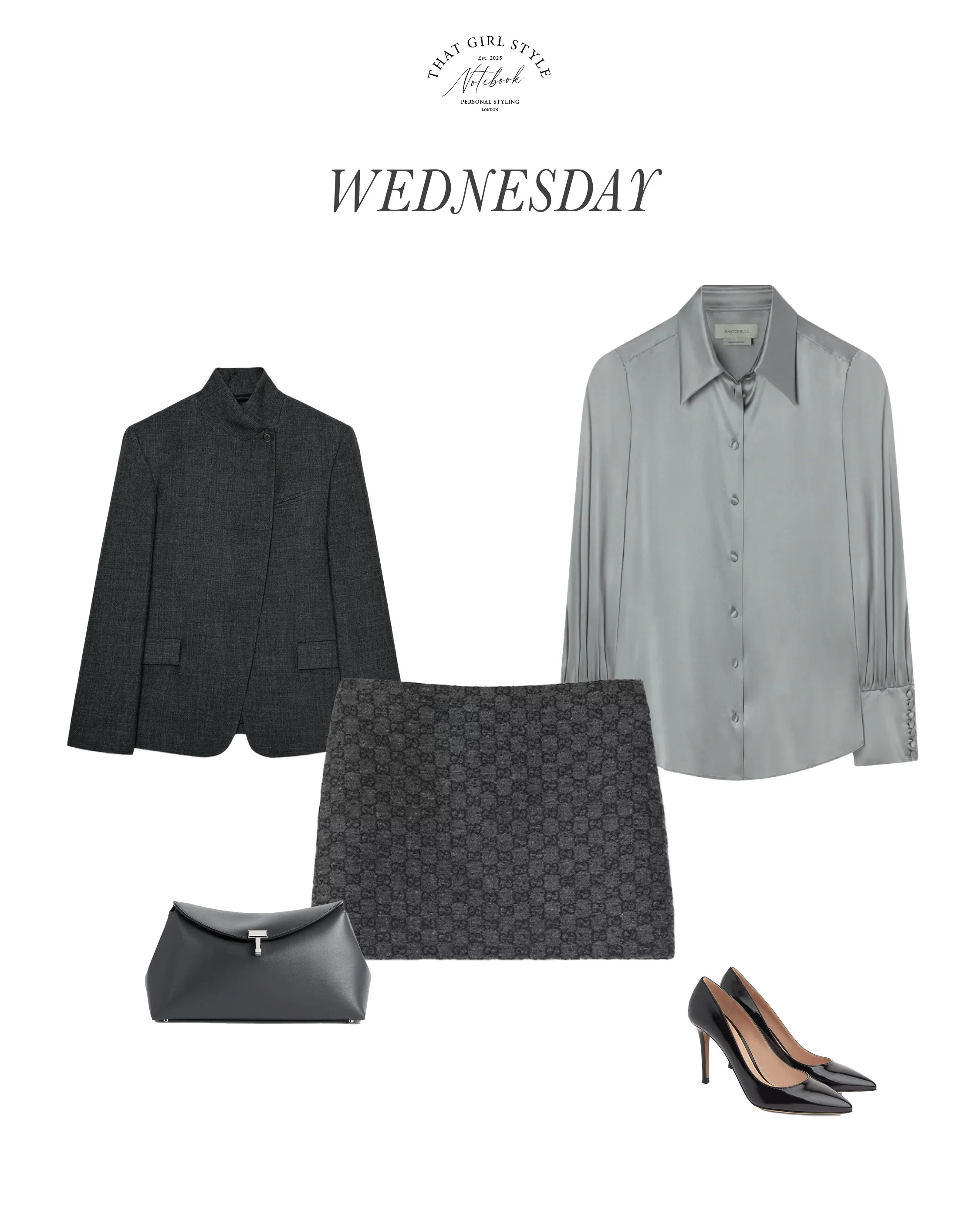 Blazer Zara, Blouse Knatchbull, Skirt Gucci, Clutch Toteme, Heels Gianvito Rossi