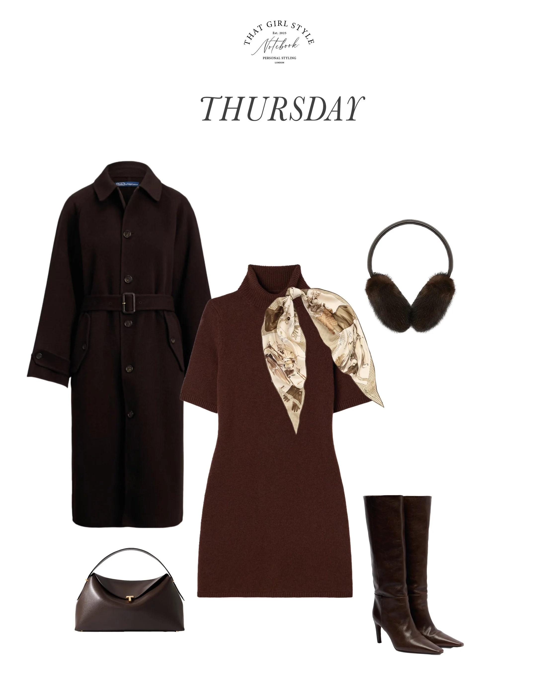Coat Ralph Lauren, Dress Dôen, Bag Toteme, Boots Brunello Cucinelli, Scarf Ralph Lauren, Earmuffs Yves Salomon