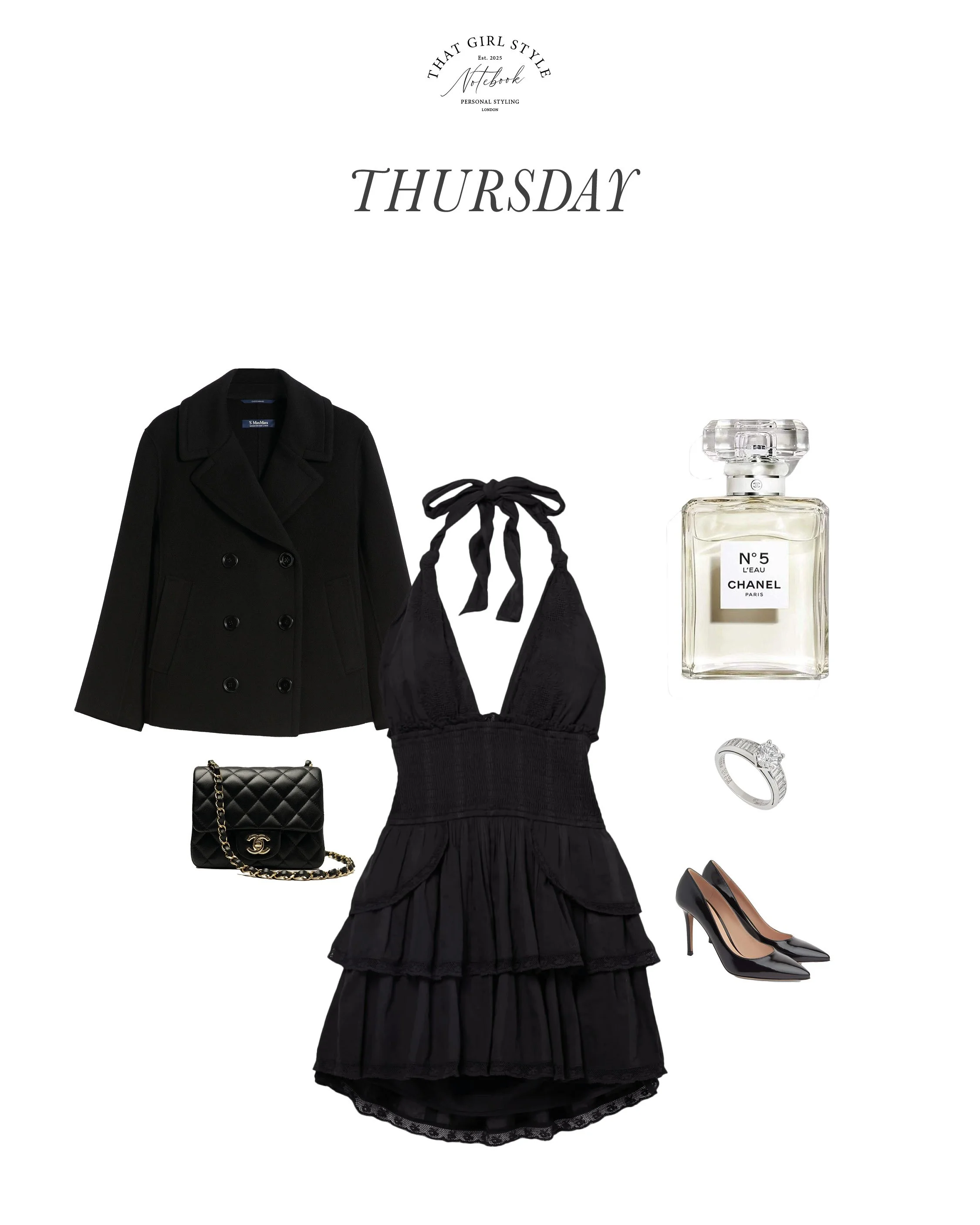 Coat Max Mara, Dress LoveShackFancy, Bag Chanel, Heels Gianvito Rossi