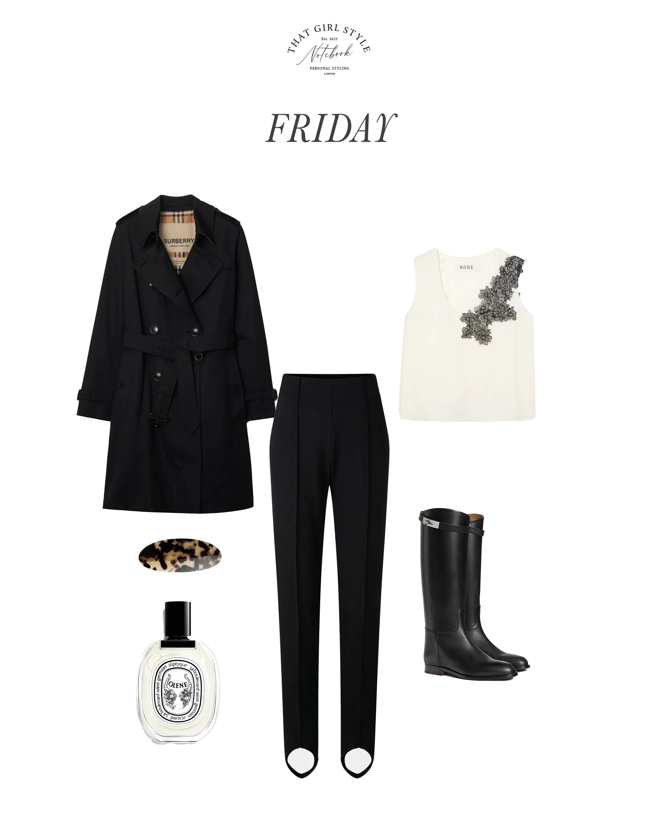 Coat Burberry, Trousers Bogner, Top Rôhe, Boots Hermès