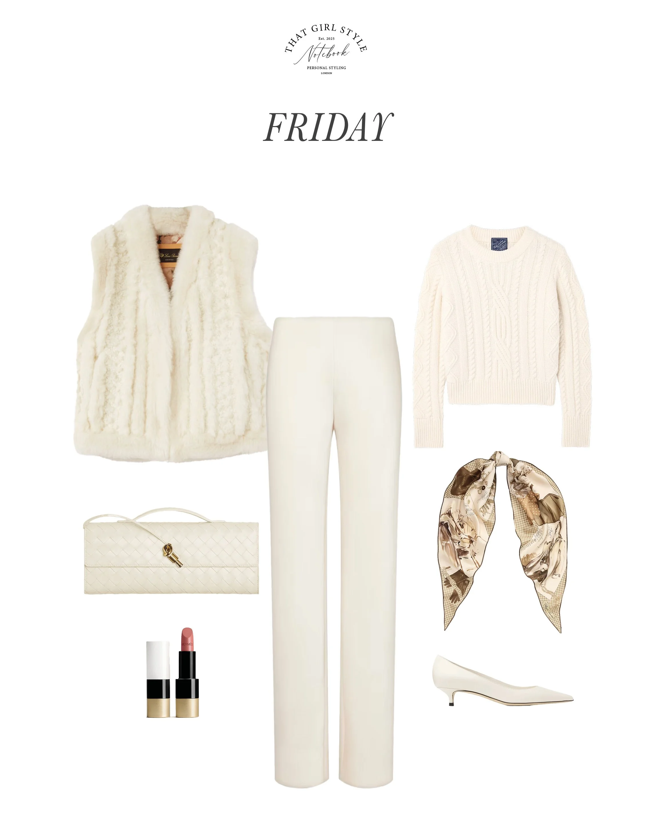 Gilet Loro Piana, Trousers Vince, Jumper With Nothing Underneath, Clutch Bag Bottega Veneta, Heels Jimmy Choo, Scarf Ralph Lauren