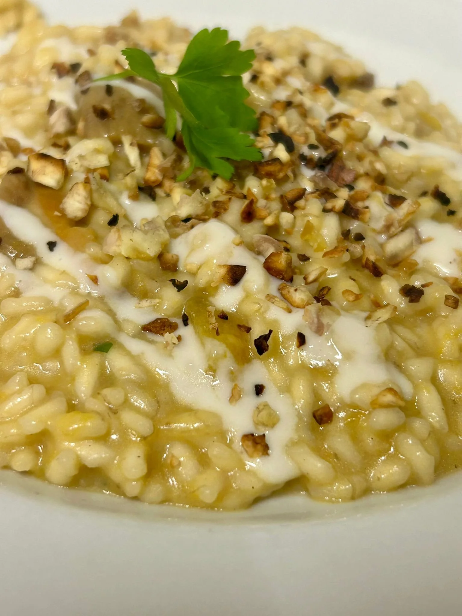 Risotto con noci tritate, crema e prezzemolo.