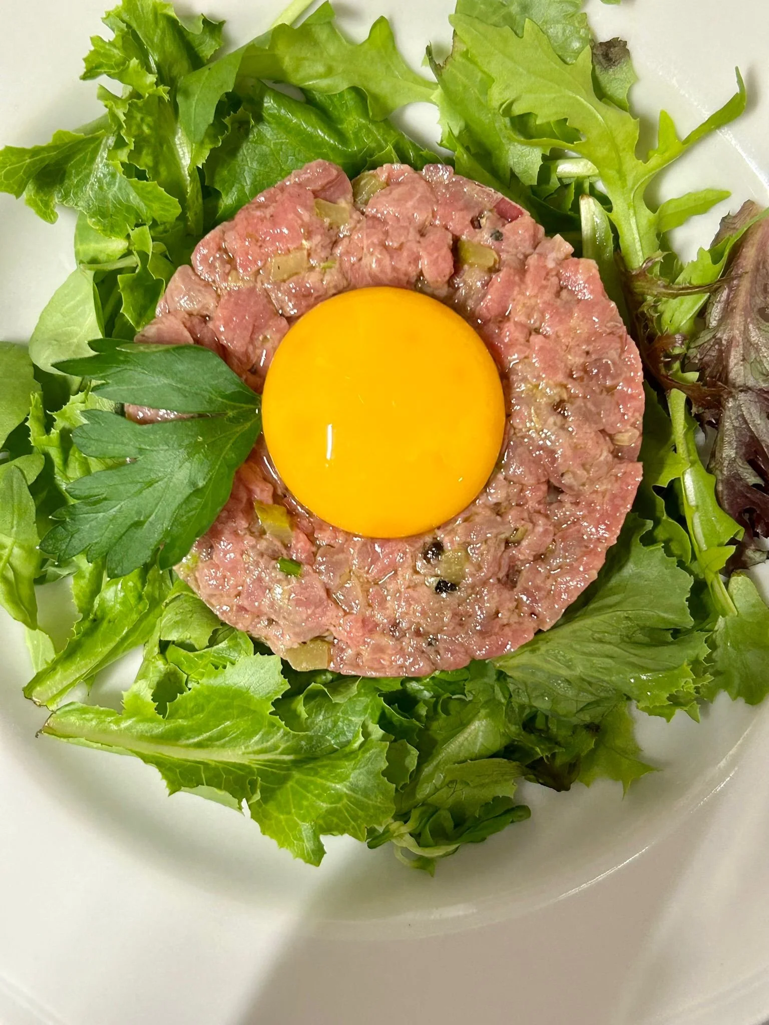 Tartar di carne con un tuorlo d'uovo al centro, servita su un letto di foglie di insalata.