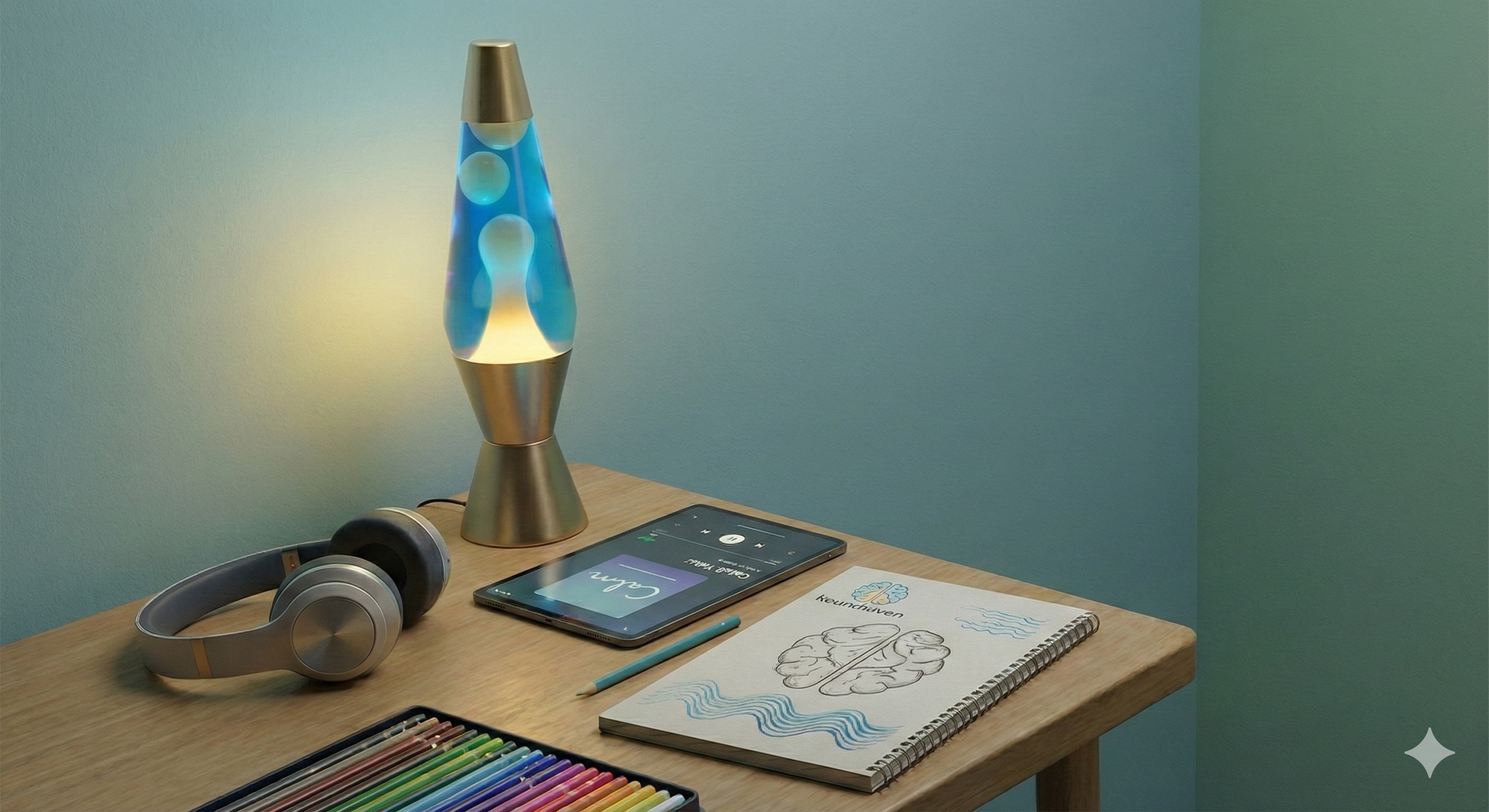 A wooden desk holding a lava lamp, headphones, a tablet displaying music, a color pencil, a drawing of a brain labeled "Reundiven," and a box of colored pencils.