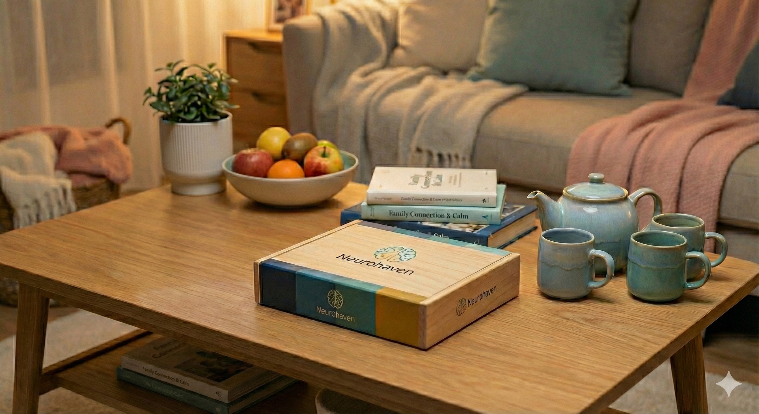 A wooden coffee table with a teapot and four mugs, a stack of books, a bowl of assorted fruits, and a potted plant, in front of a beige sofa with cushions and pink and blue throws.