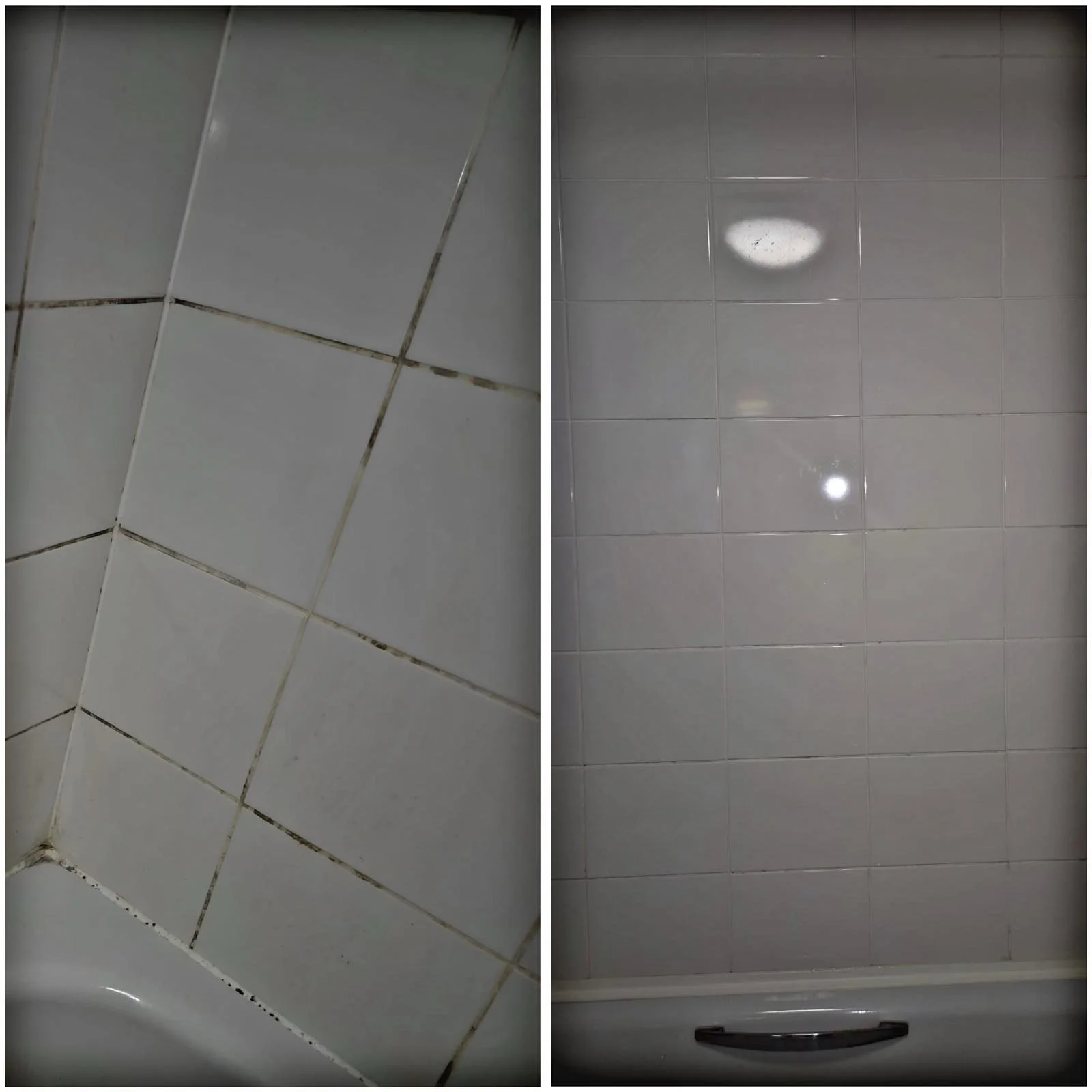 Comparison of bathroom tiles before and after cleaning, showing improved cleanliness on right side.