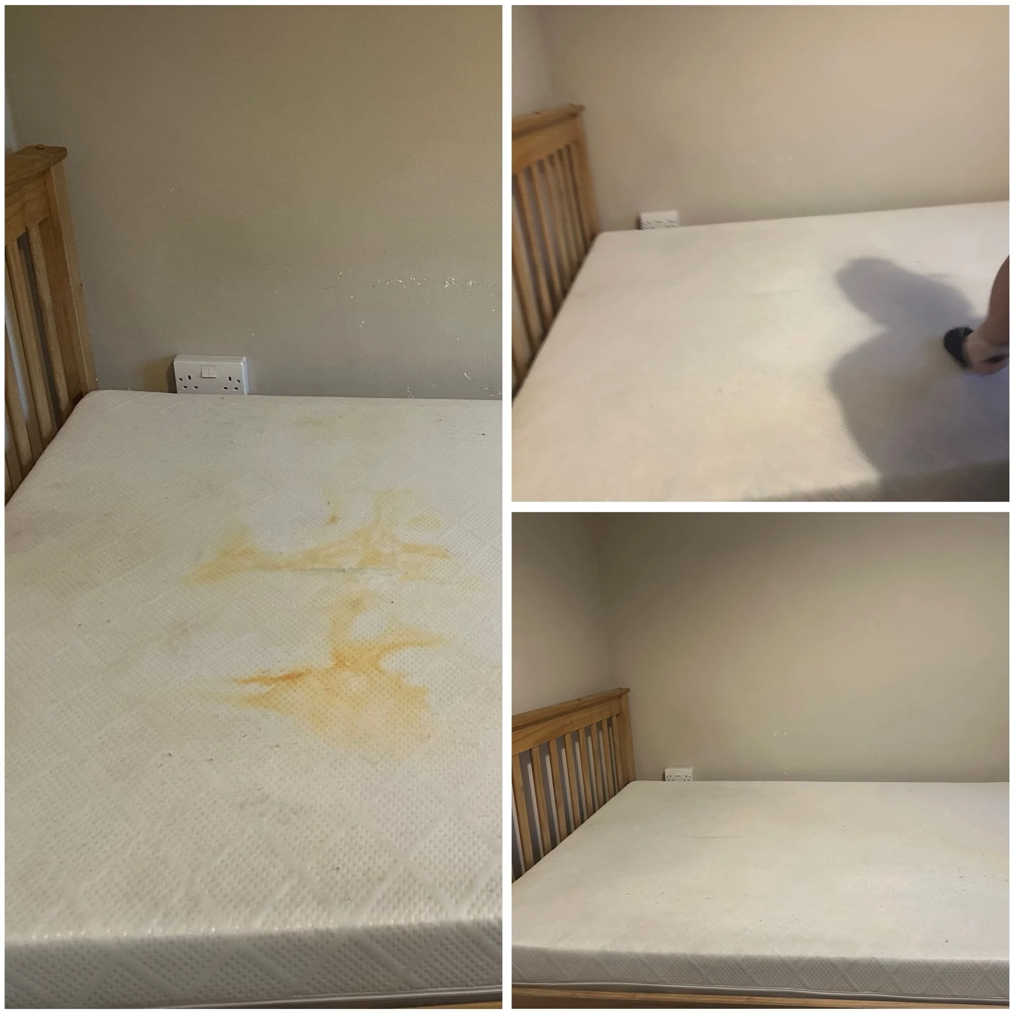 Three images showing a dirty and then cleaned mattress on a bed frame. The first image shows a mattress with stains, the second shows a cleaned mattress with a shadow of a person, and the third shows the mattress after cleaning, looking much cleaner.