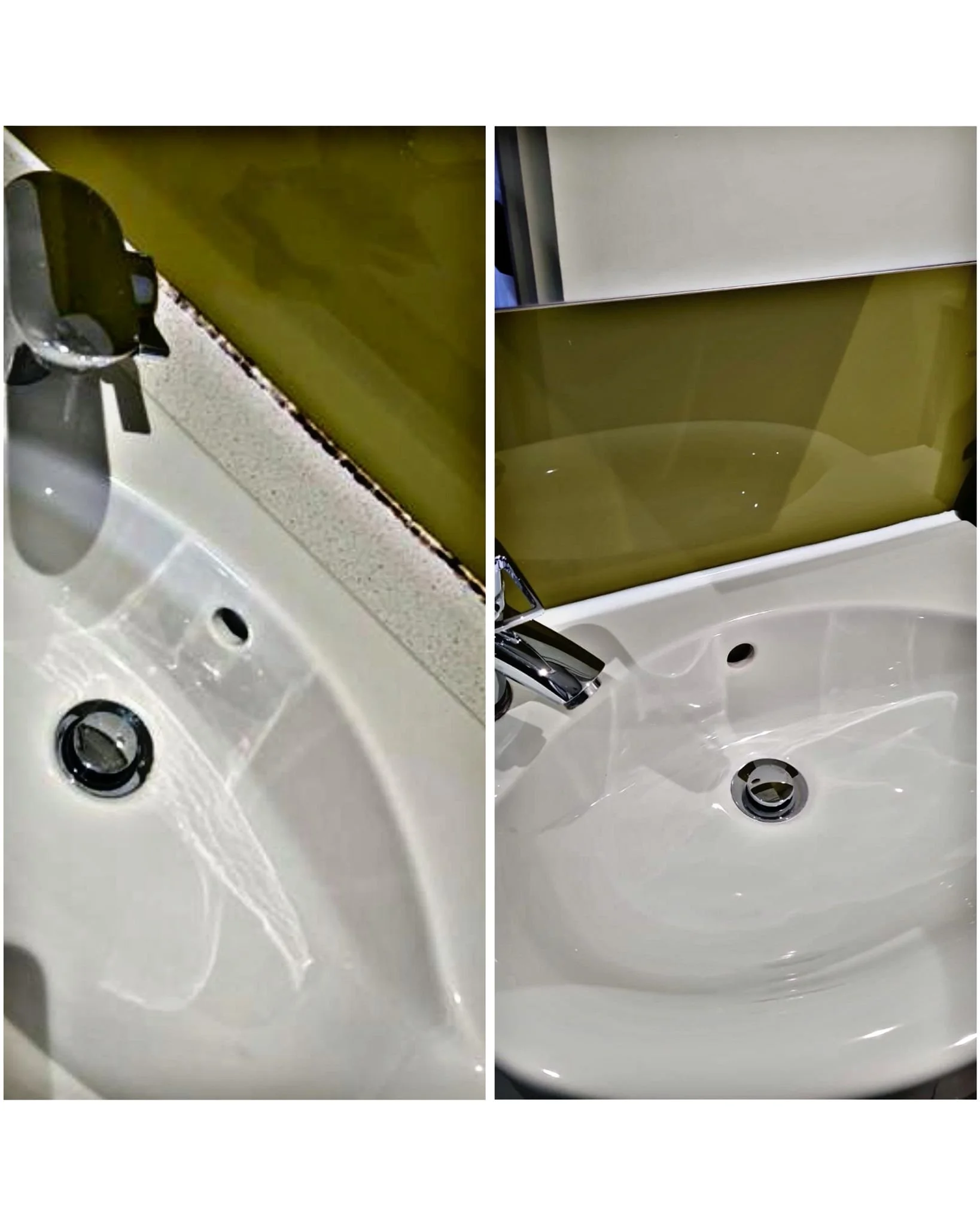 Comparison of a bathroom sink before and after cleaning, showing improved appearance and shine.