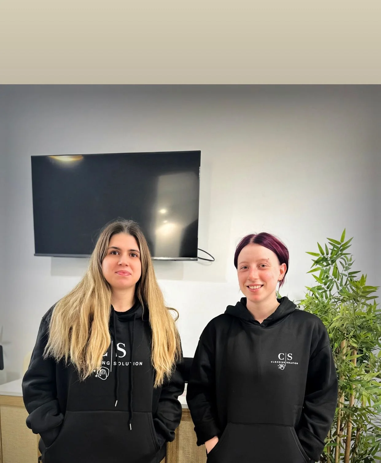 Two young women in black hoodies standing in front of a wall-mounted TV and a potted plant in an office or casual setting.
