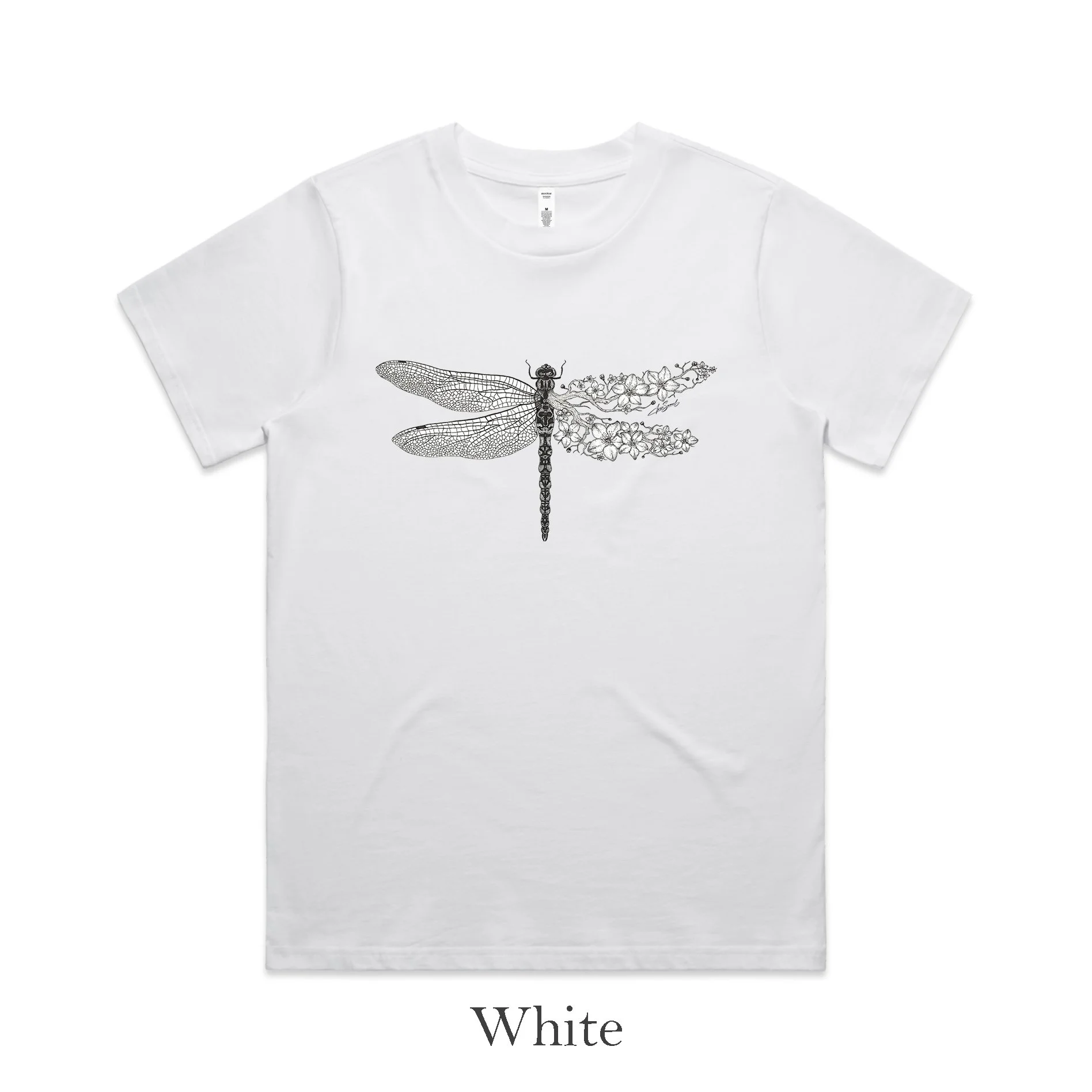 Women's Classic Tee - Floral Dragonfly Black & White