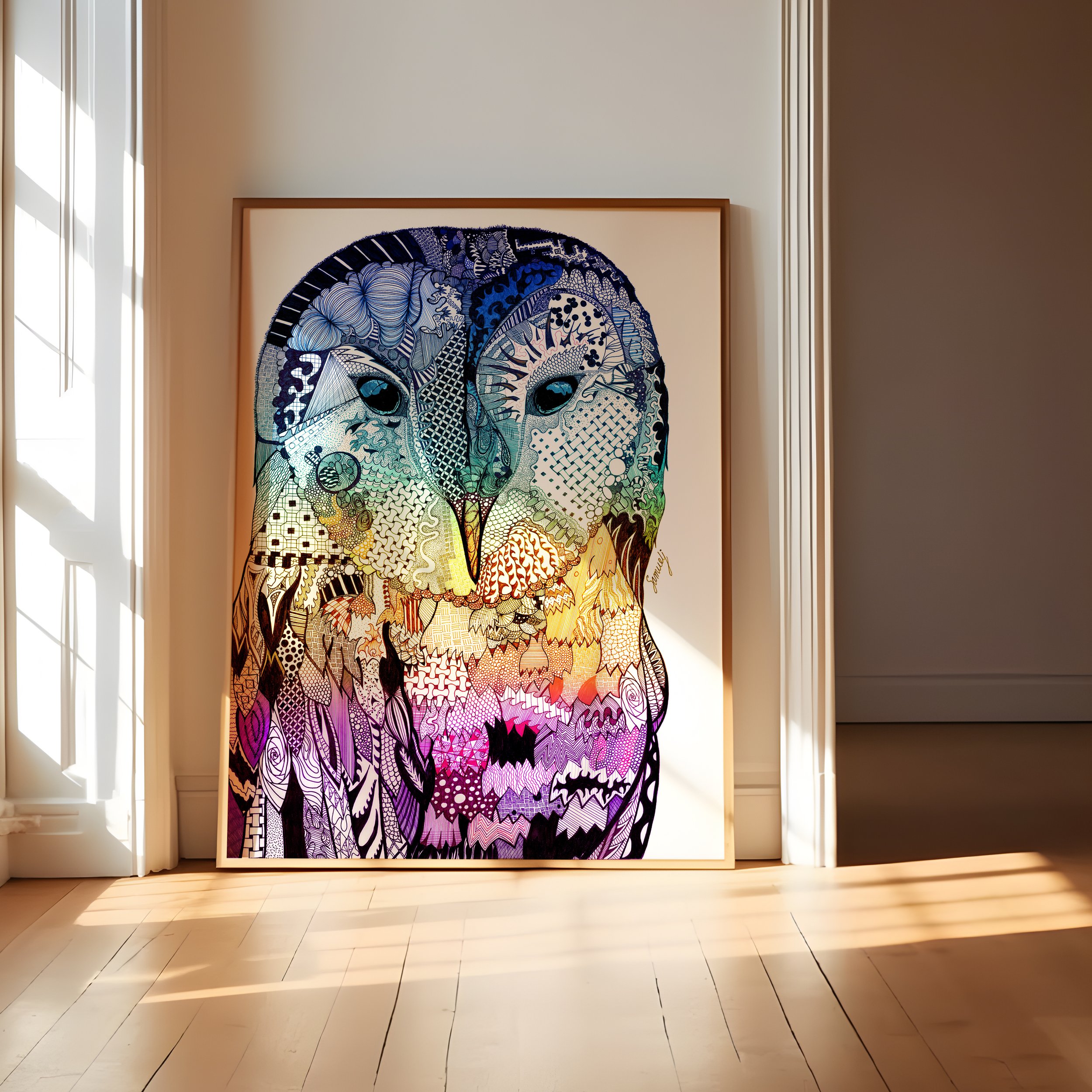 "Wise Owl" Blue, Yellow, & Purple Version, Fine Art Print (Copy)