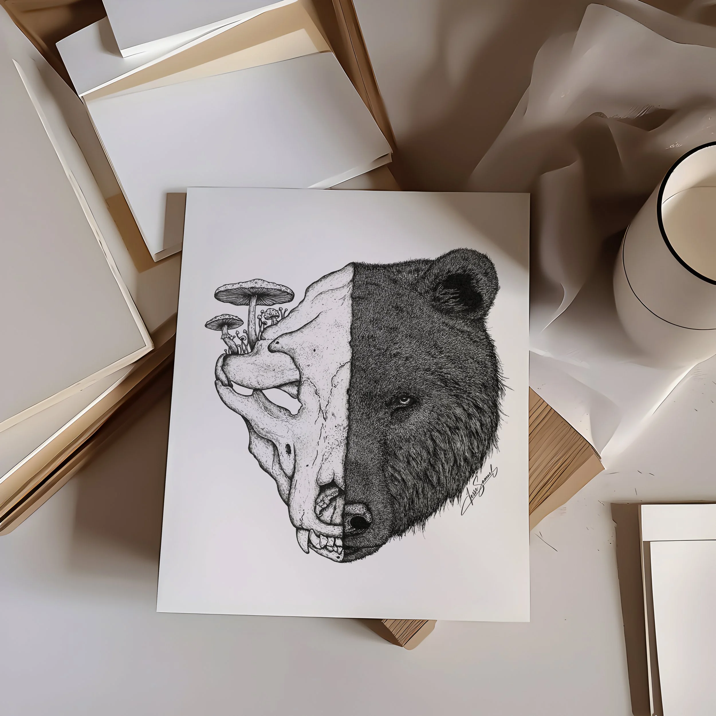 Flat Print Mushroom Bear B&W.jpg
