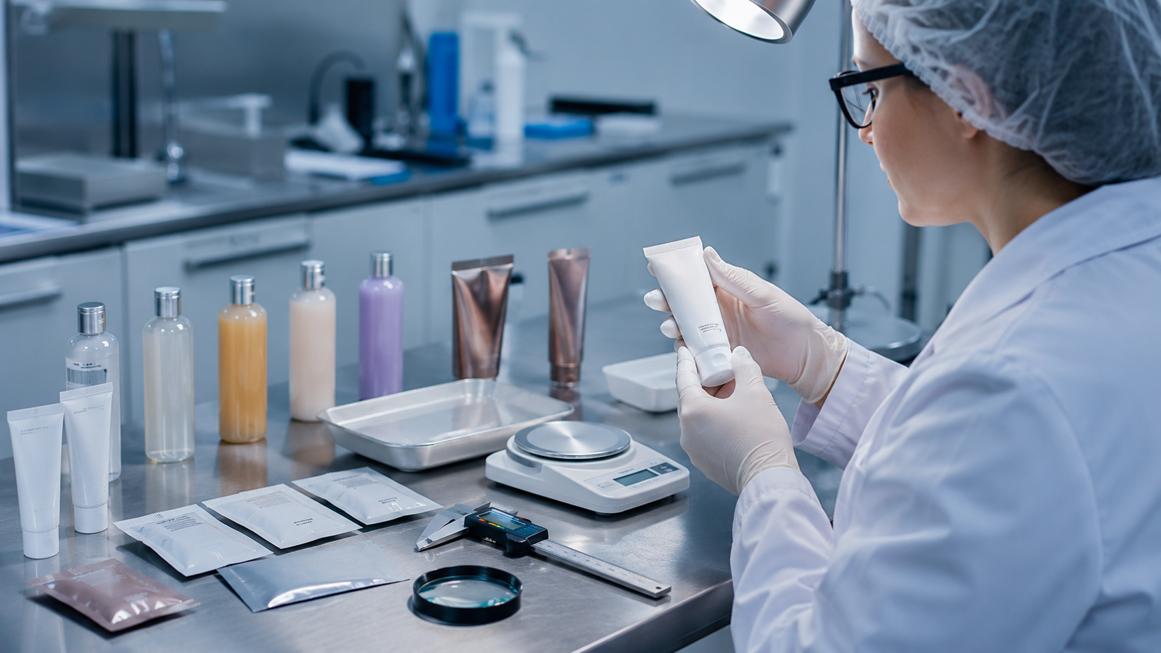 Produktmuster im Labor prüfen für Qualität, Dosierung, Verpackungssitz und Serienreife