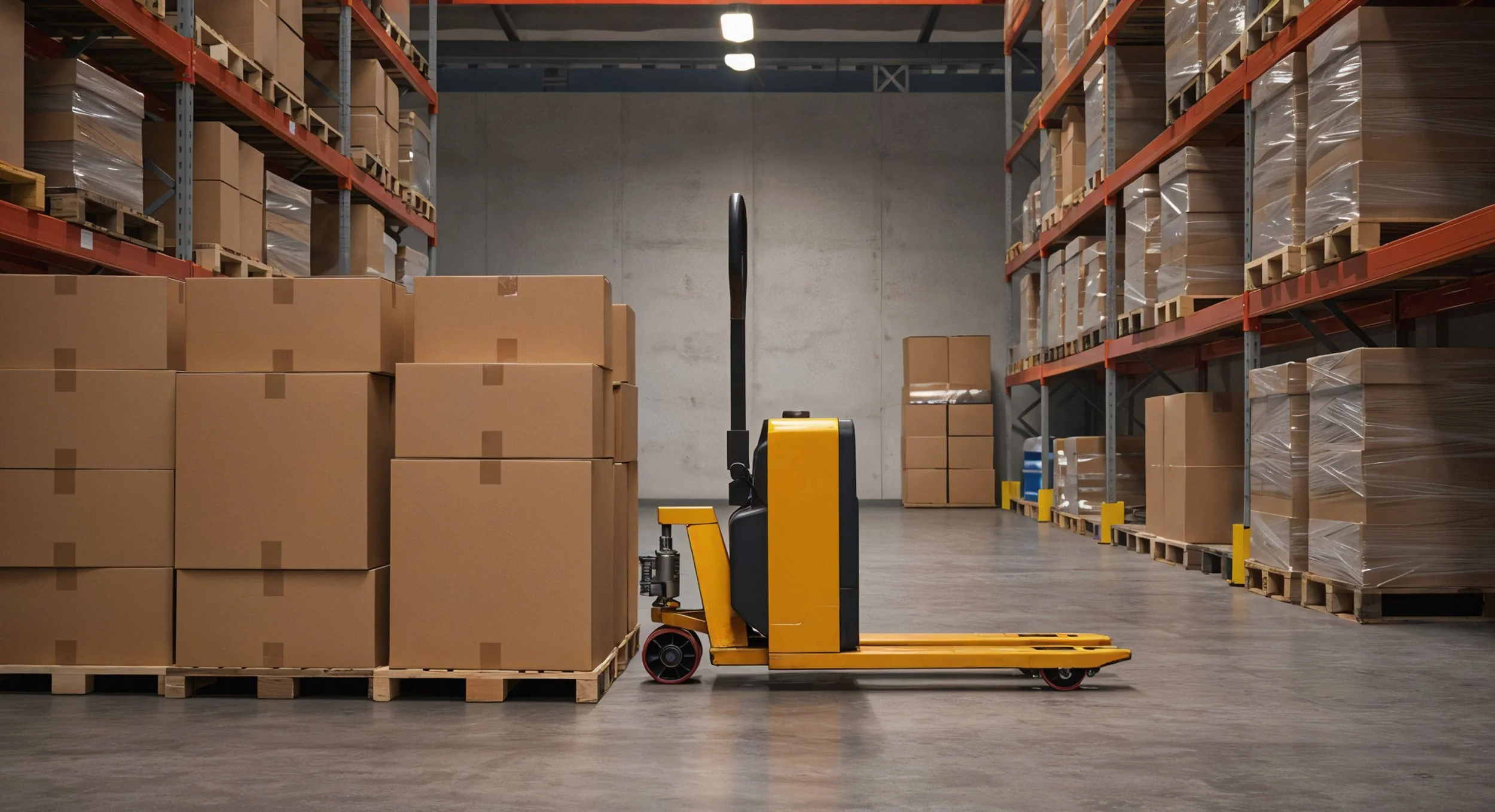 Lagerung versandbereiter Fertigprodukte mit Paletten, Kartons und logistischer Vorbereitung