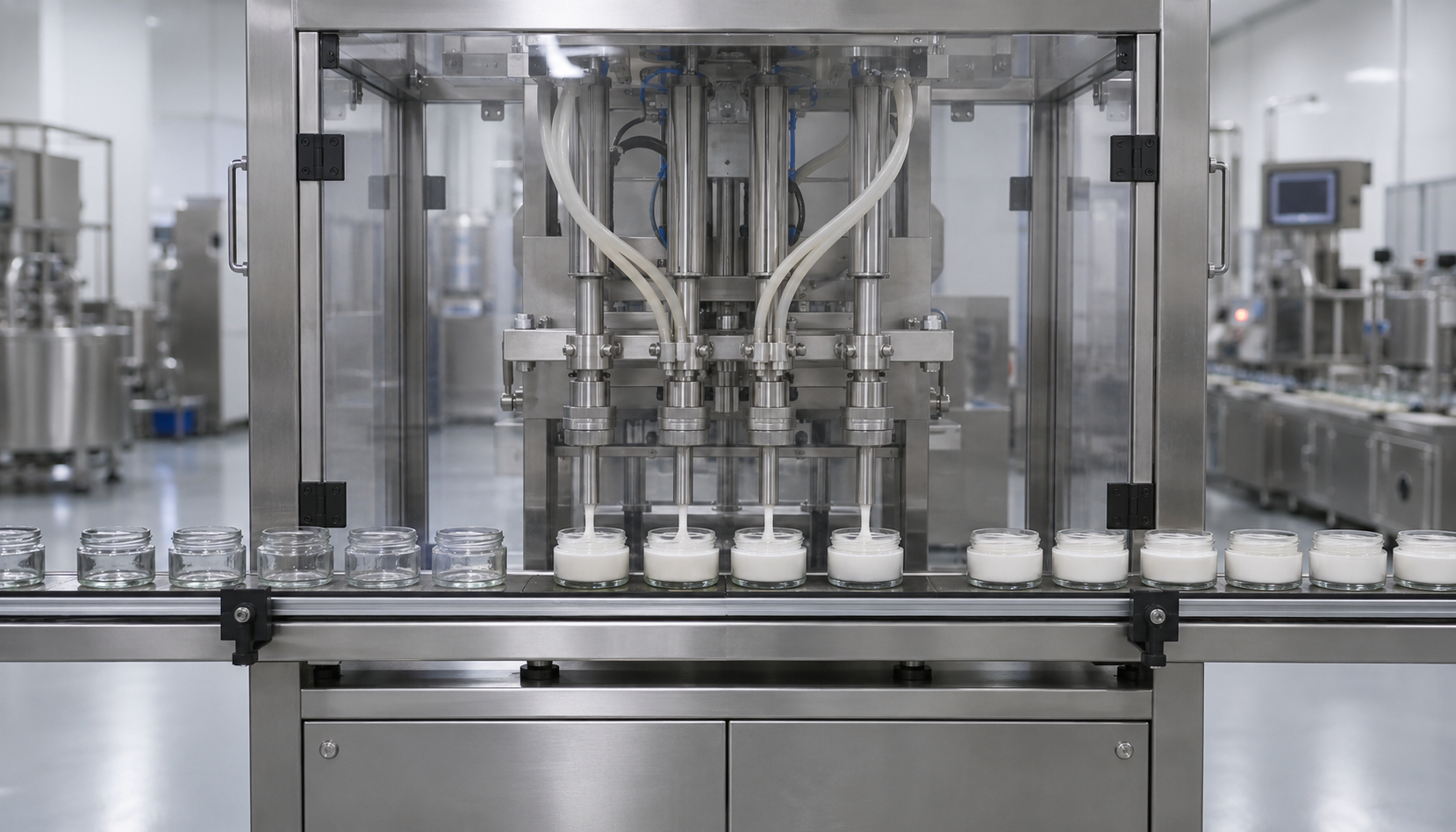 Moderne Abfülltechnik für Tiegel mit Cremes, Lotionen und hochwertigen Pflegeprodukten