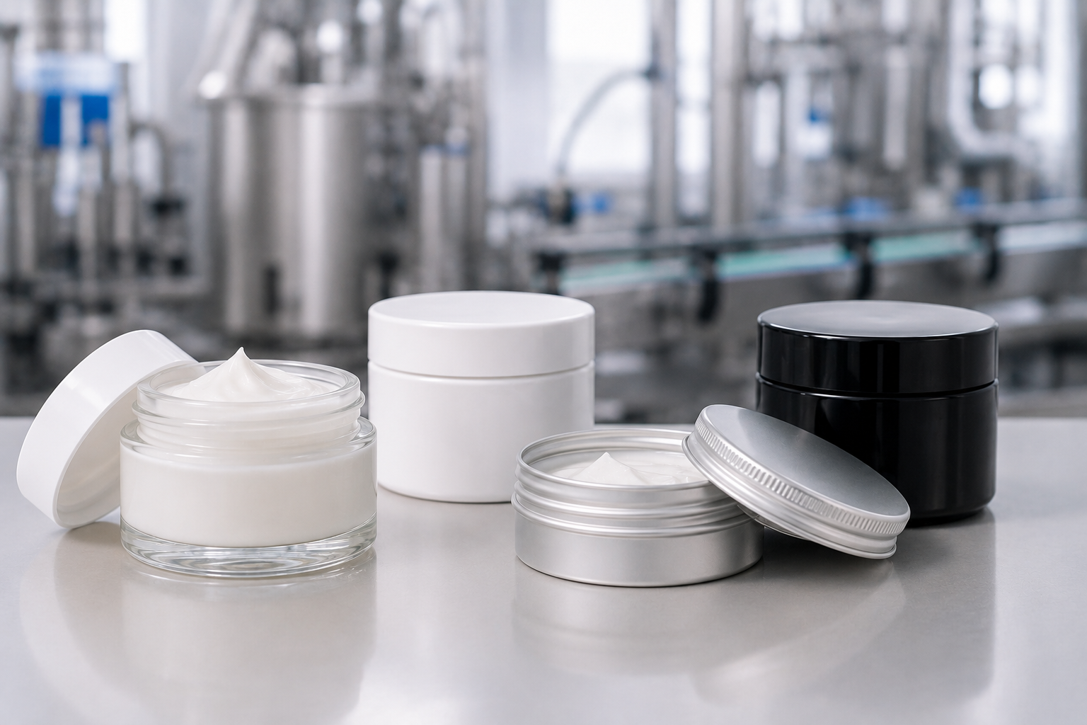 Kosmetiktiegel aus Glas, Kunststoff und Metall für hochwertige Pflegeprodukte und Markenauftritte