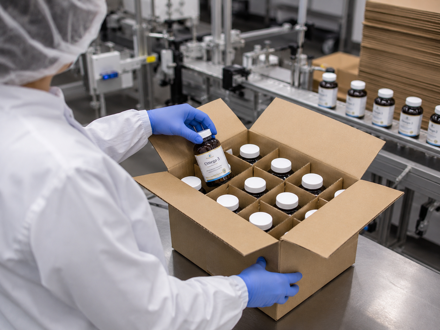 Sekundärverpackung für Produktflaschen, sichere Bündelung und Versandvorbereitung