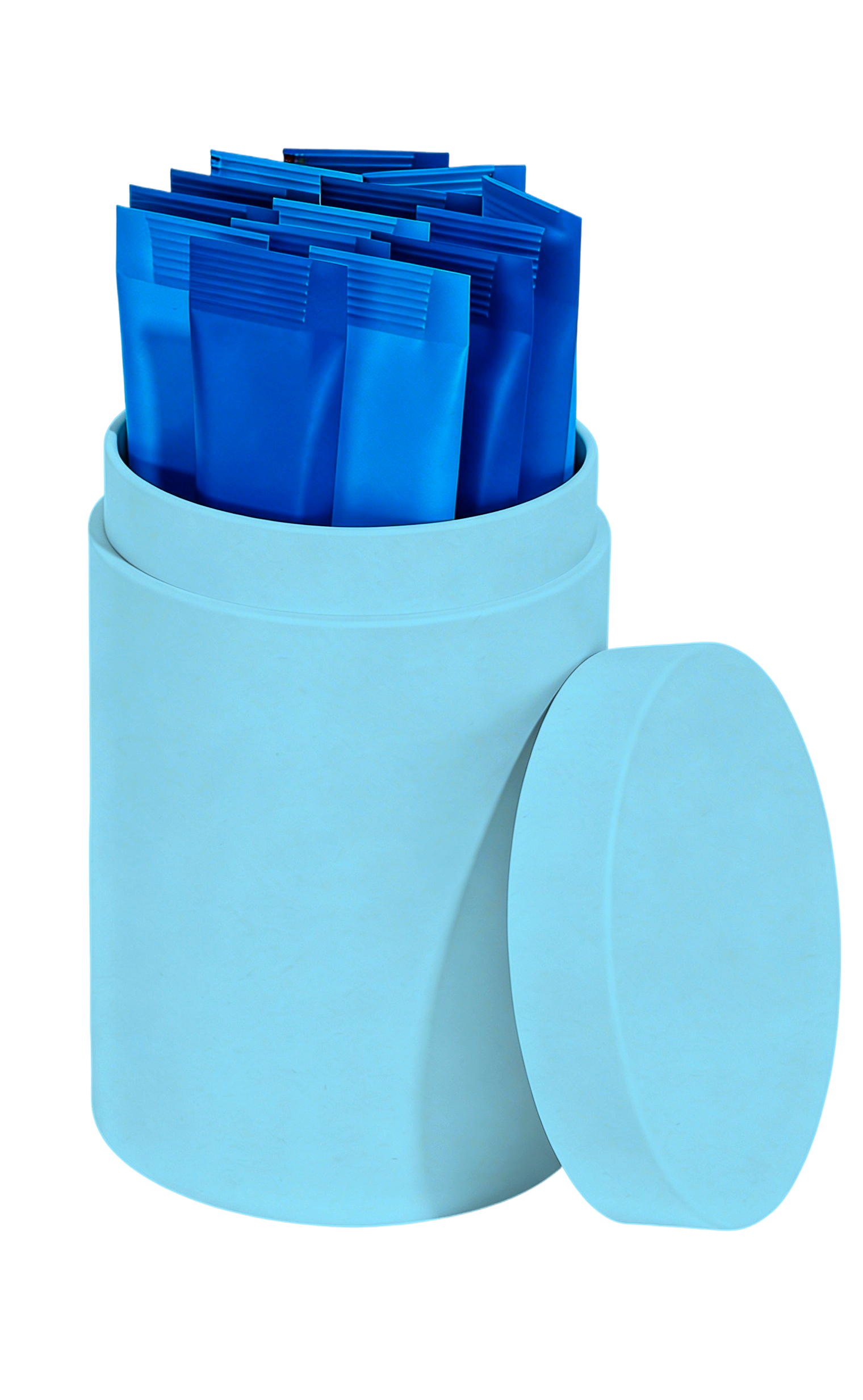 Blaue Stickpacks in Dose als portionsstarke Lösung für Proben, Kampagnen und moderne Produktpräsentation