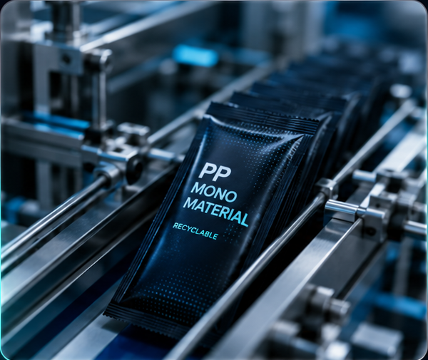 Recycelbares PP-Monomaterial-Sachet auf Produktionslinie für nachhaltige Einzelportionen