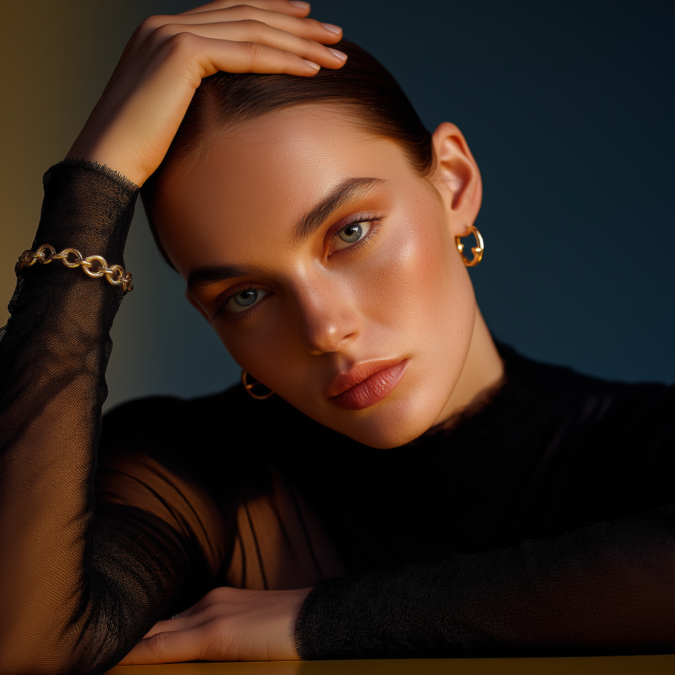 Close-up portrait of a young woman with blue eyes, wearing gold hoop earrings and a black sheer top, with her hand resting on her head against a dark background.