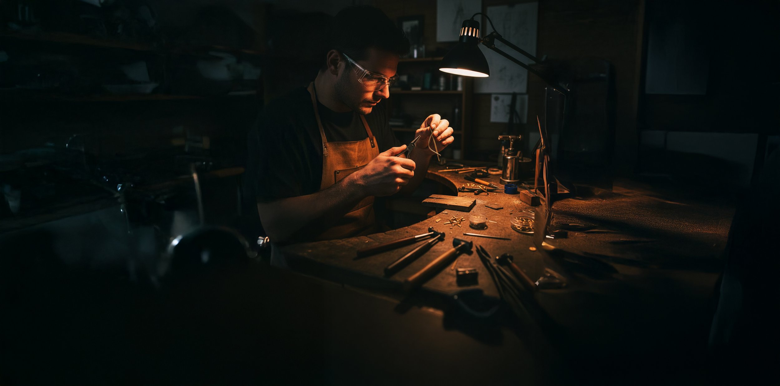 Man working on jewelry at a cluttered workbench under focused lighting in a workshop.
