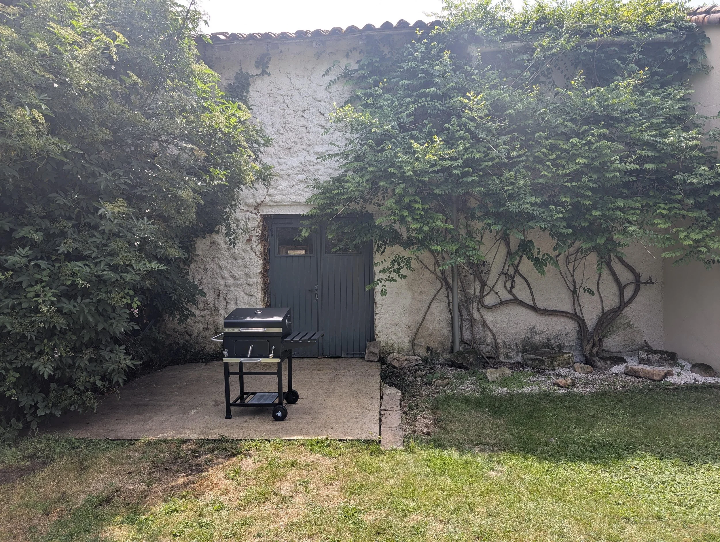 Backyard with a small concrete patio, a black grill, and a closed door on a white textured wall, surrounded by green bushes and trees.