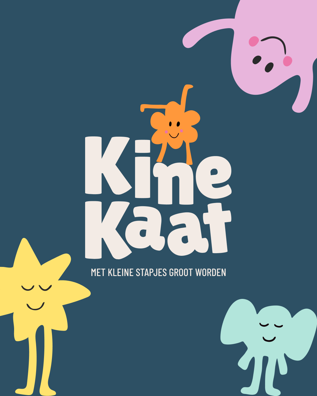 Children's book cover titled 'Kine Kat' with cartoon animals: a pink cat, a yellow star, an orange flower, and a blue elephant, all with smiling faces, on a dark blue background.