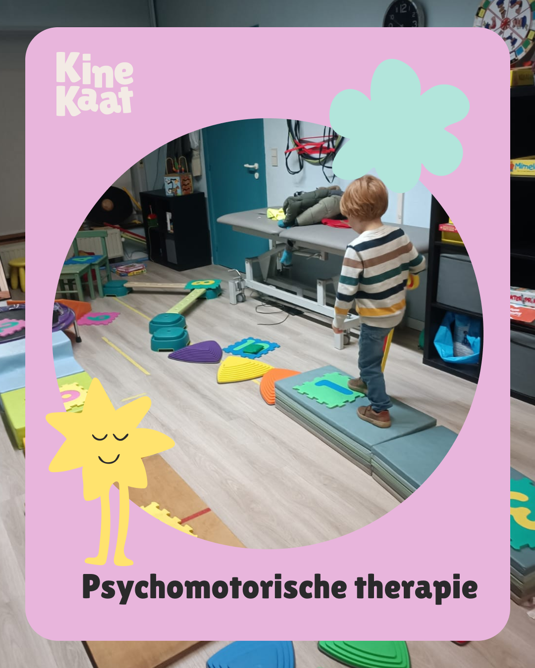Child engaging in psychomotor therapy with various colorful stepping stones and balance mats in a therapy room.
