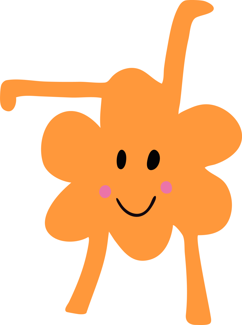 A cartoon illustration of a smiling orange seven-petal flower with a happy face, black eyes, a smiling mouth, pink cheeks, and two legs. One petal is elongated upward like a finger.