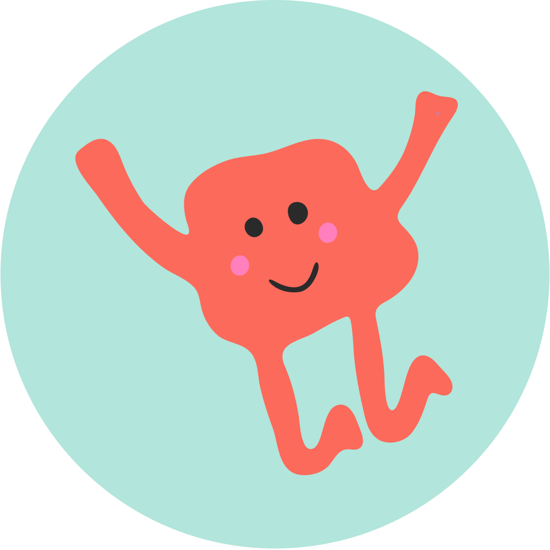 Cartoon illustration of a happy, pink, uterus with a smiling face and arms raised, set against a light blue circular background.