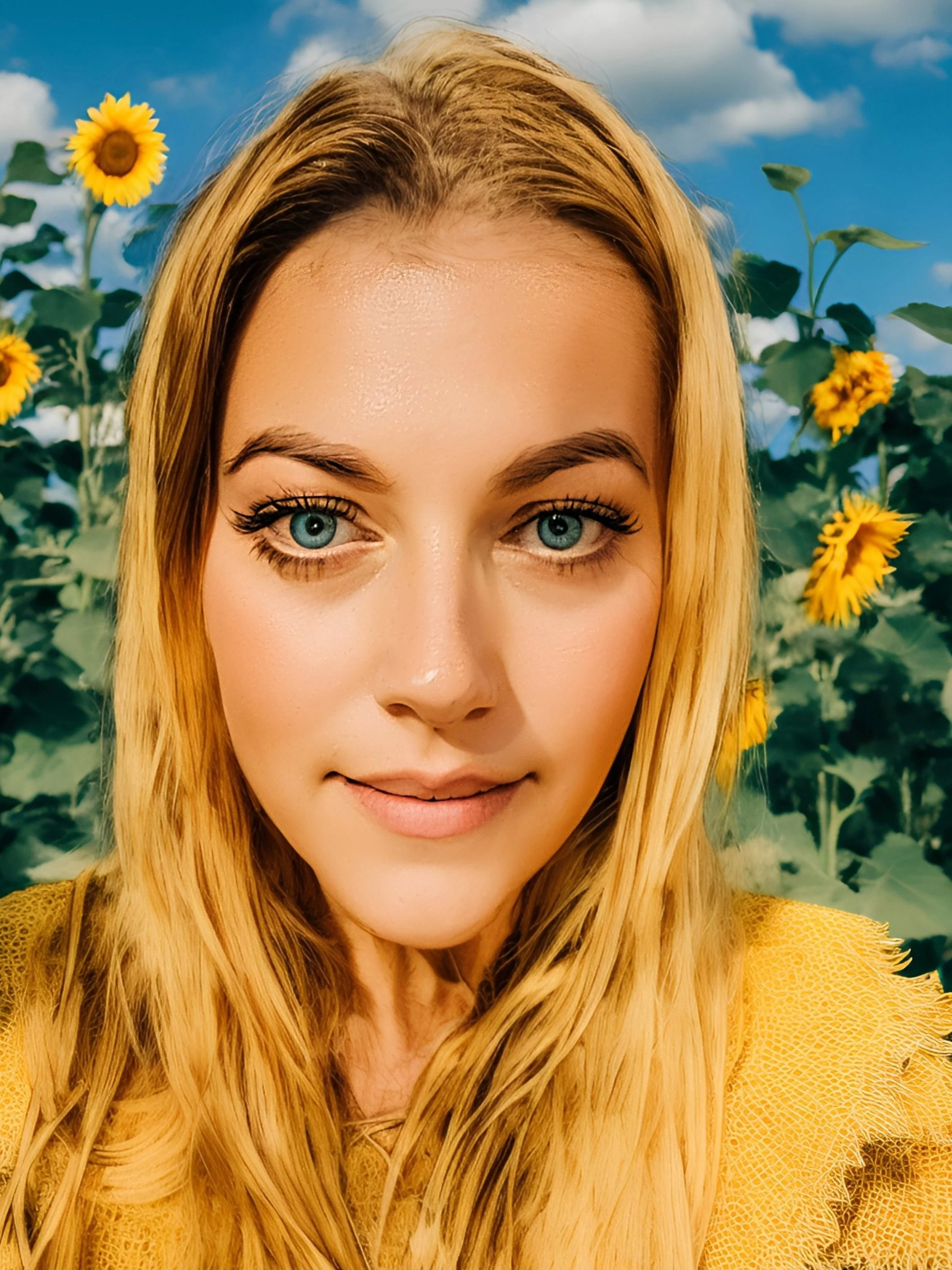 Close-up of a young woman with blonde hair and blue eyes, smiling softly, standing in front of a field of yellow sunflowers under a partly cloudy sky.