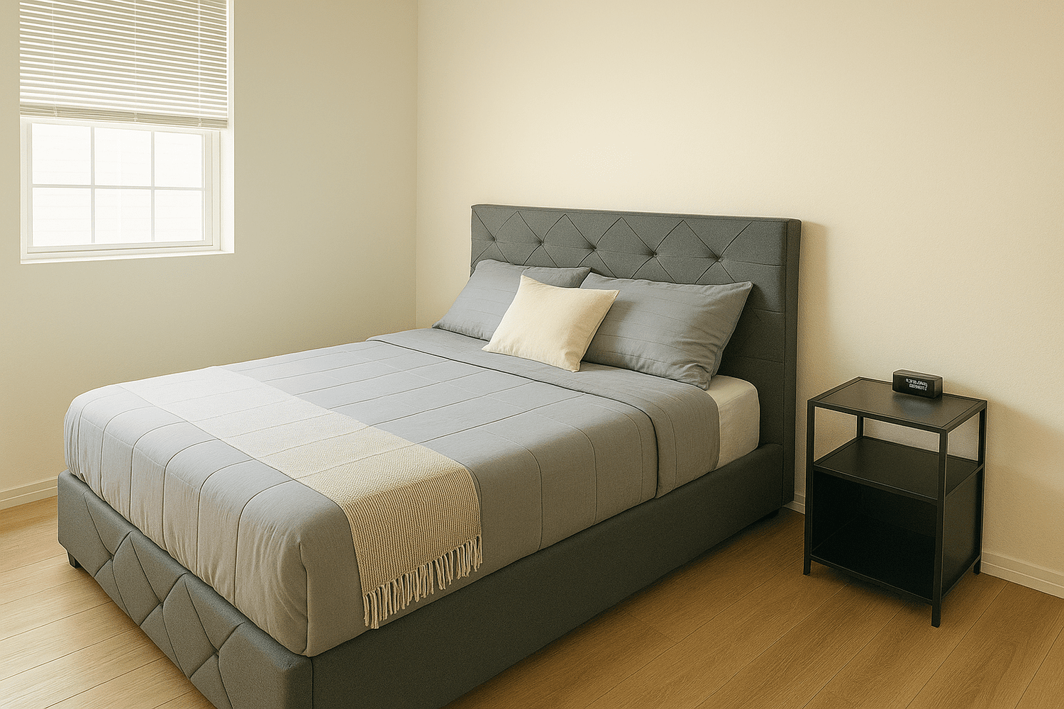 Private bedroom at Serenity Group Home: bright window, queen bed, and nightstand
