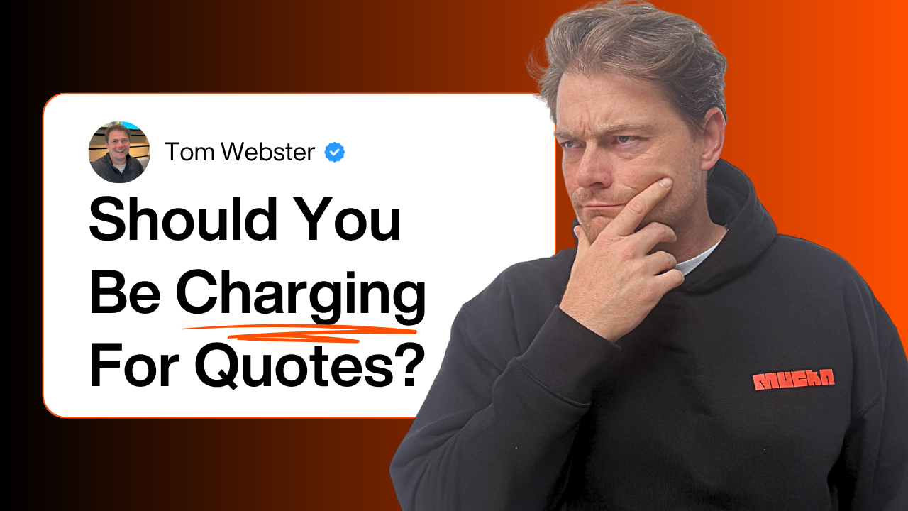 Man with brown hair wearing a black hoodie with red text, touching his chin and looking thoughtful, in front of a graphic that features a social media post from Tom Webster asking, 'Should You Be Charging For Quotes?' with a partly orange and brown background.
