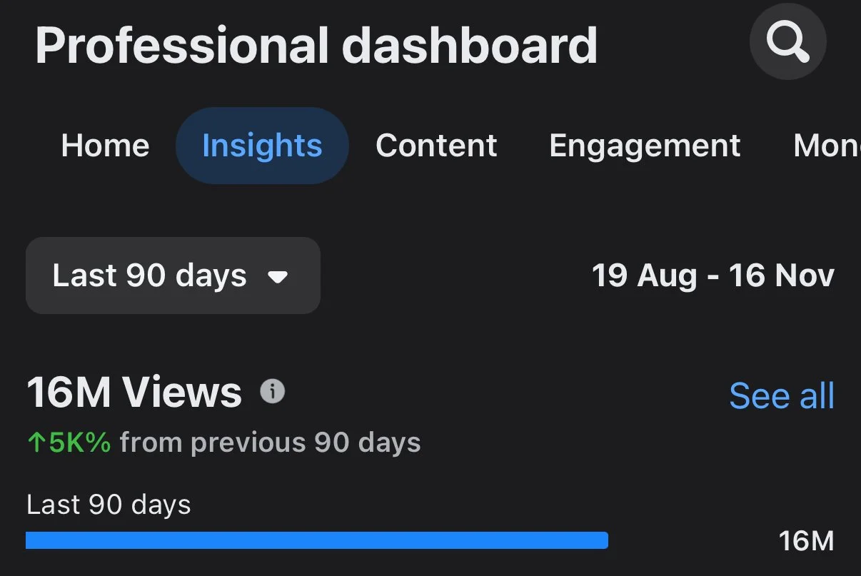 Screenshot of a professional dashboard analytics page showing data for the last 90 days, with 16 million views and a 5% increase from the previous period.