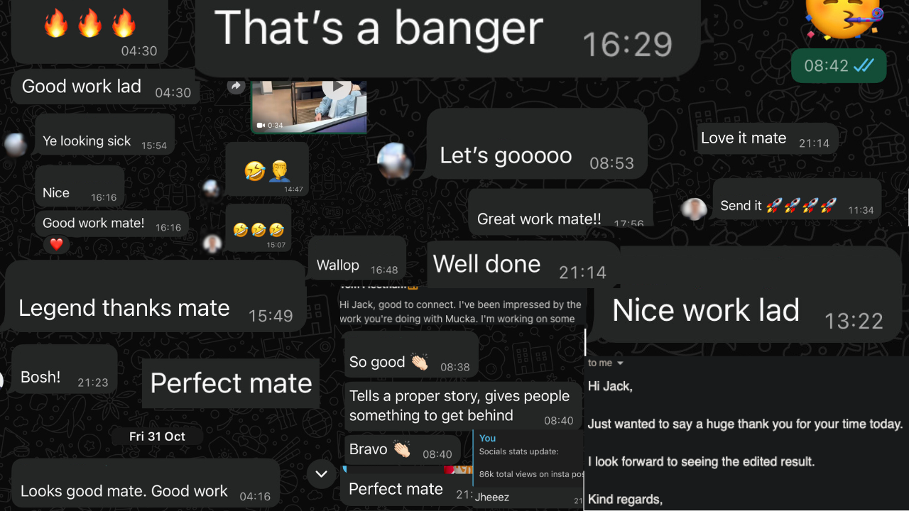 A collage of WhatsApp chat messages with positive comments, emojis, and praise, indicating appreciation for work or achievement.
