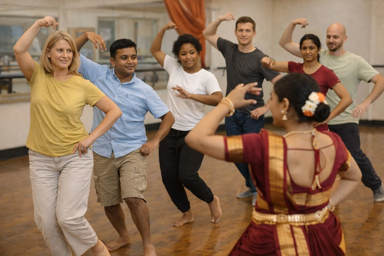 A group of diverse people dancing and practicing Indian classical dance, guided by an instructor dressed in traditional Indian attire, in a dance studio.