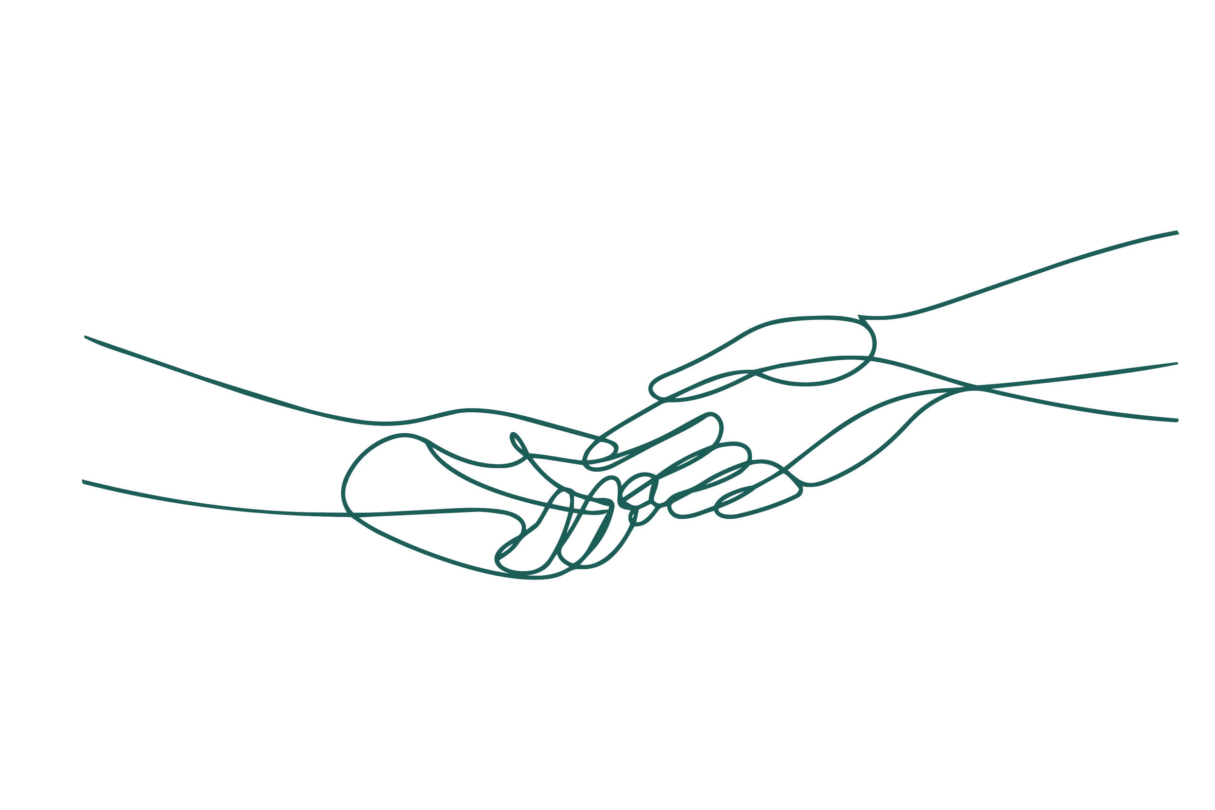 Outline illustration of two hands reaching out and holding each other, symbolising connection or support.