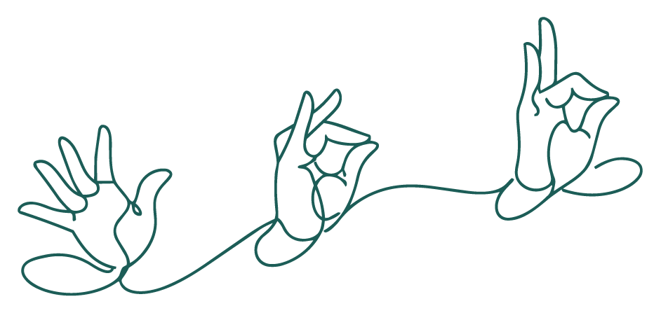 Line drawing of three hands linked by a continuous outline.