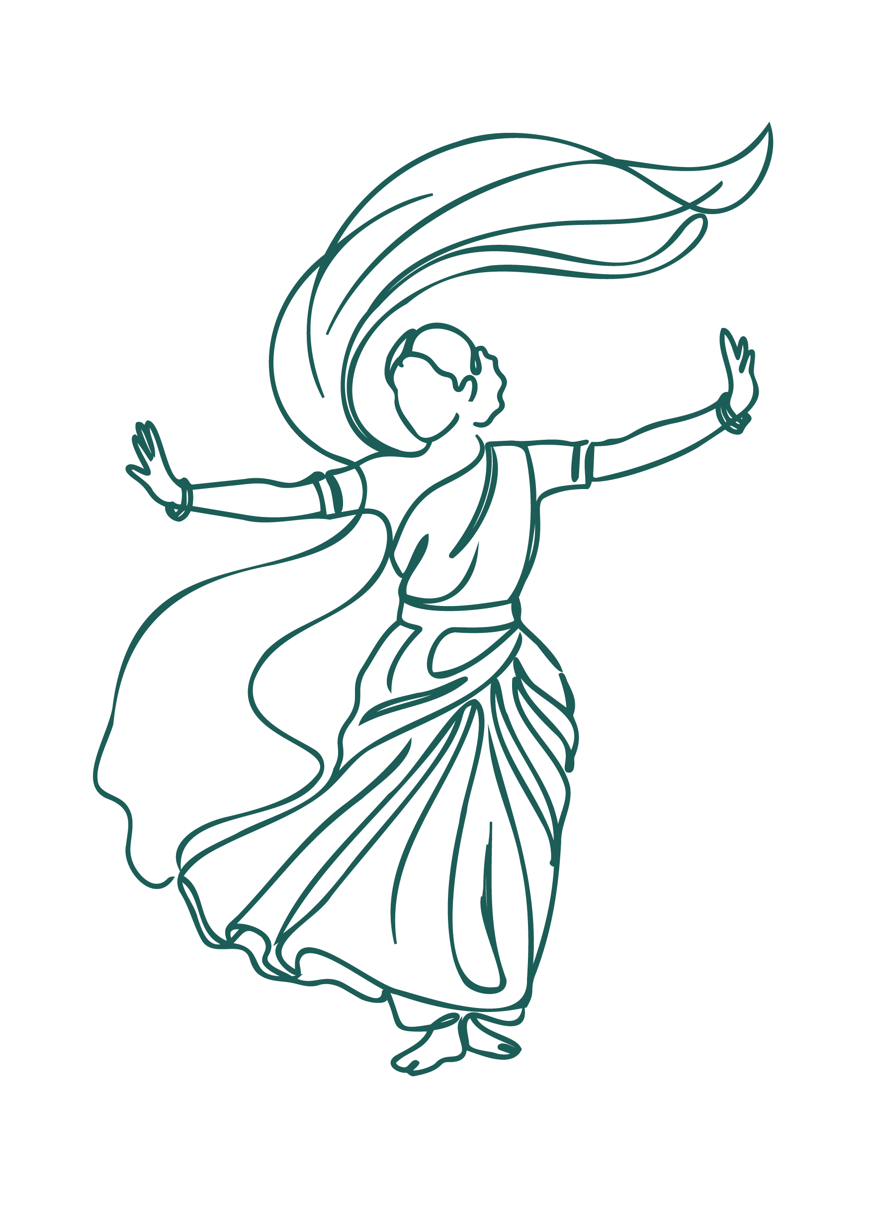 Teal line art illustration of a classical Indian dancer with arms outstretched and flowing costume.