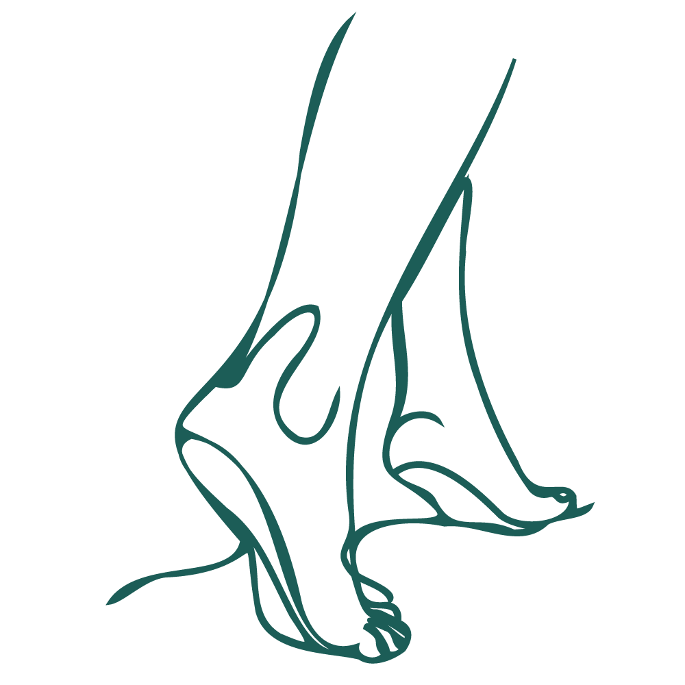 Teal line art illustration of a dancer's feet on tiptoe on cream background.