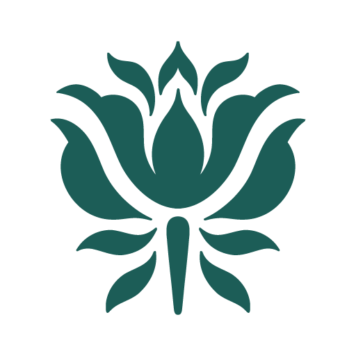 Stylized teal floral or tropical design, resembling a lotus or hibiscus flower.