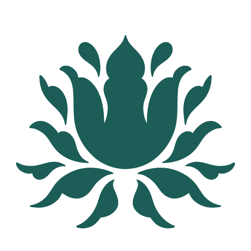 A stylized teal lotus flower with multiple petals and leaf-like structures surrounding it.