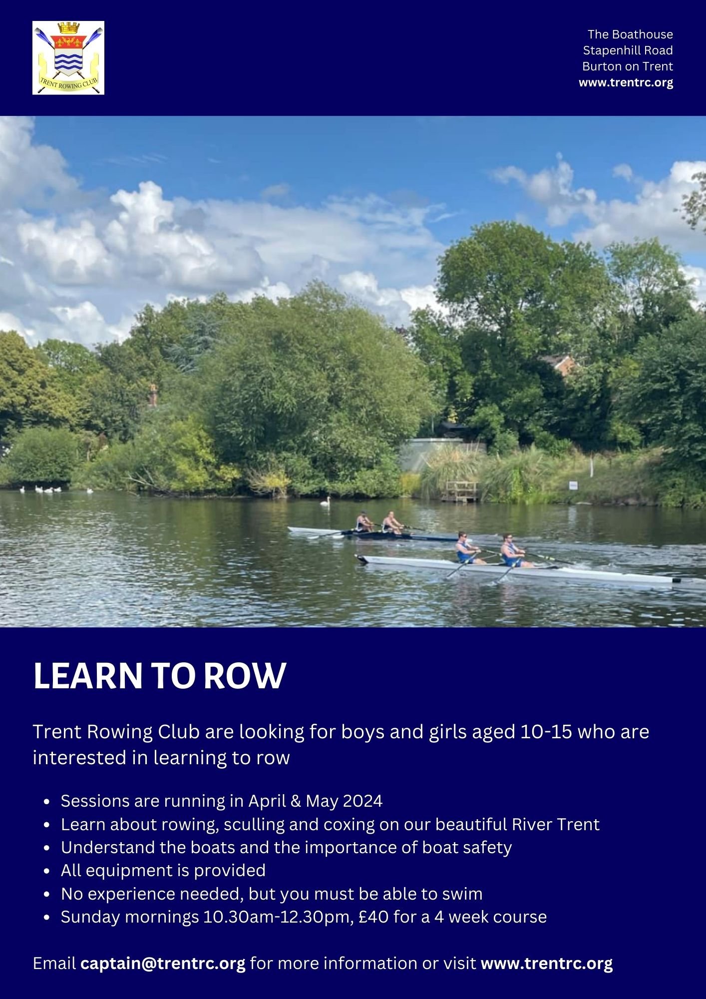 Flyer from Trent Rowing Club advertising learn to row lessons on the River Trent, with a photo of three people rowing boats on a river surrounded by trees and a partly cloudy sky.